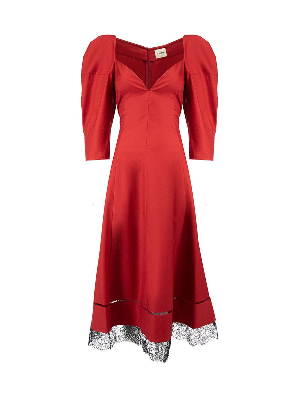 KHAITE Red Puff Sleeve Midi Dress with Lace Trim | Grailed