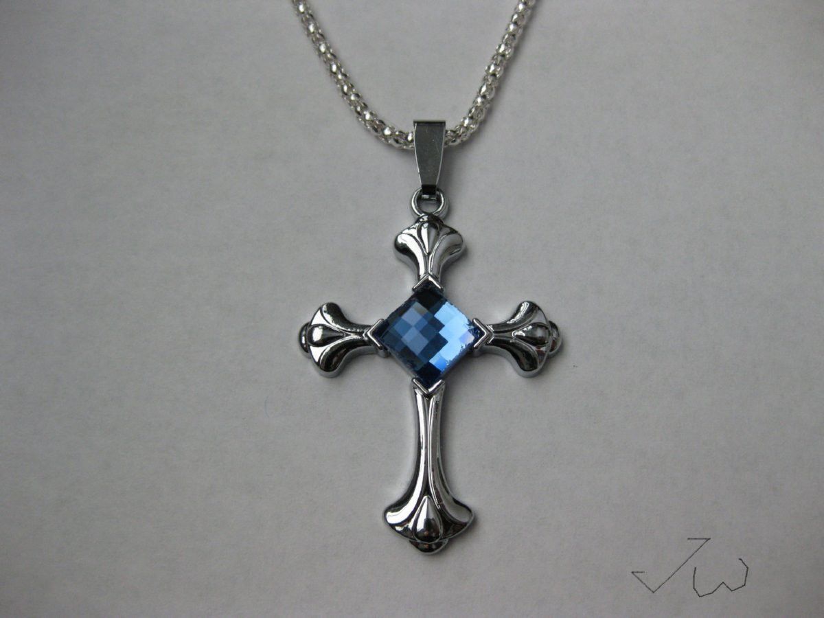 Jewelry Blue Crystal Cross Stainless Steel Pendant Necklace in Silver, Women's