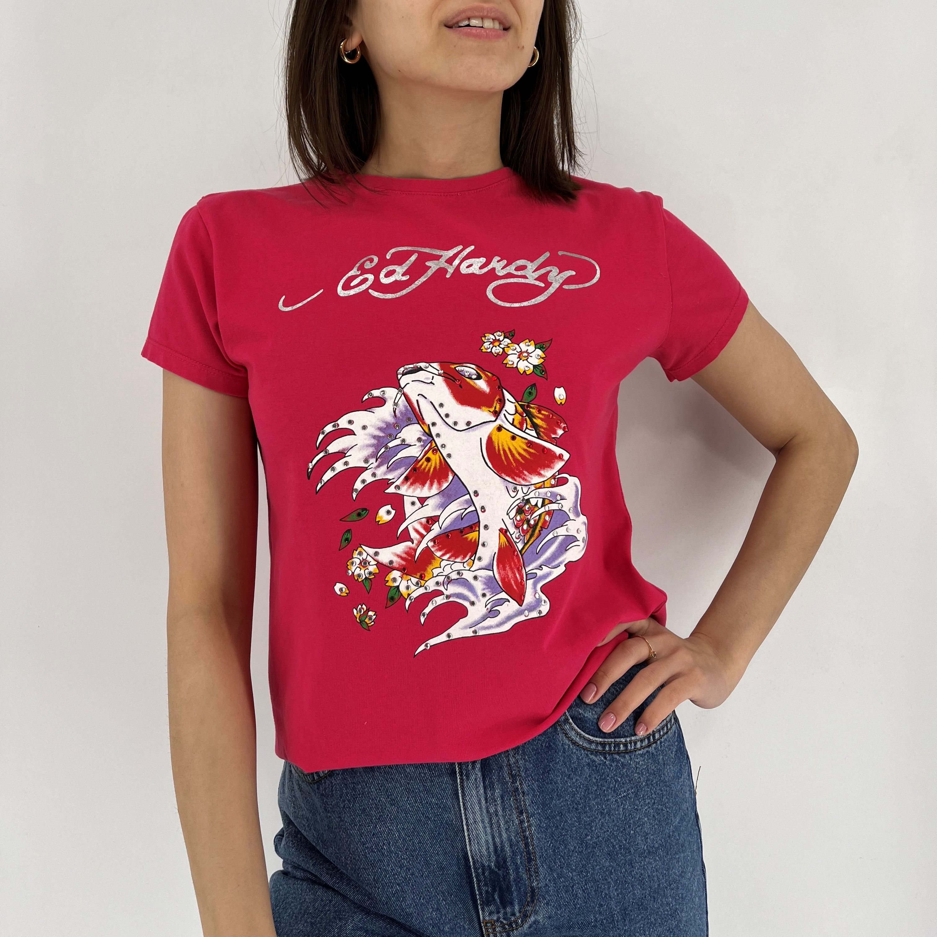 Christian Audigier Vintage Ed Hardy Women’s Rhinestones T-Shirt Size XL / US 12-14 / IT 48-50 - 5 Thumbnail