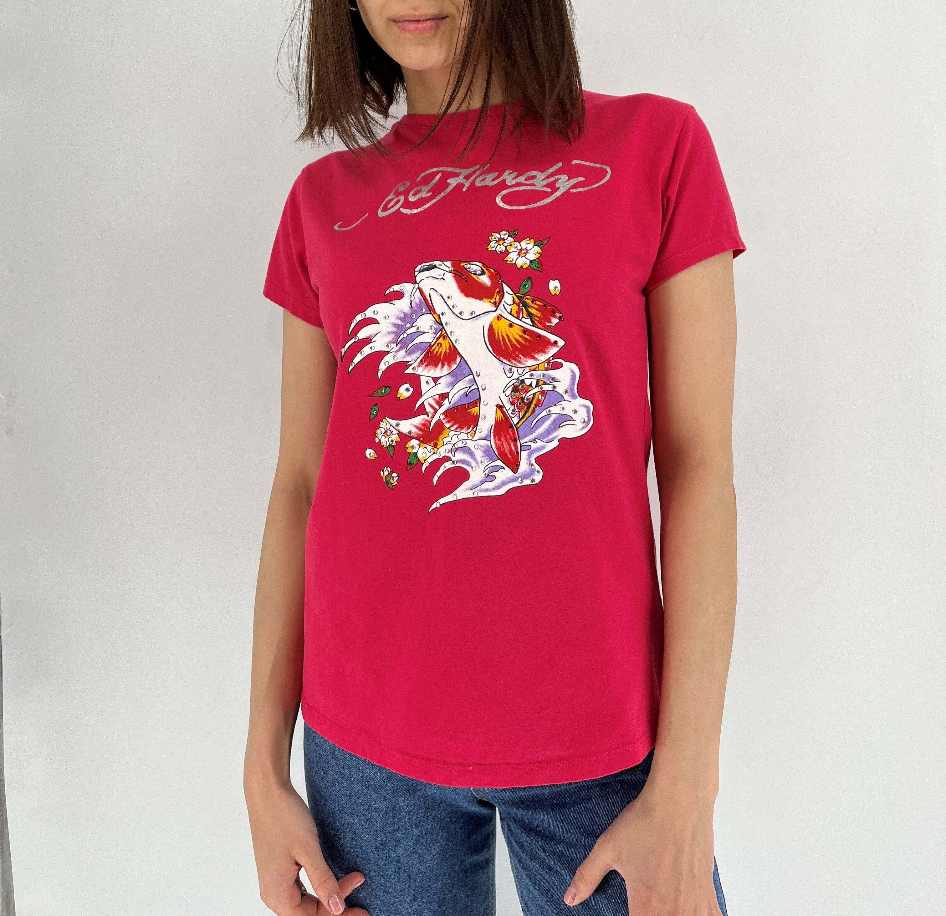 Christian Audigier Vintage Ed Hardy Women’s Rhinestones T-Shirt Size XL / US 12-14 / IT 48-50 - 2 Thumbnail