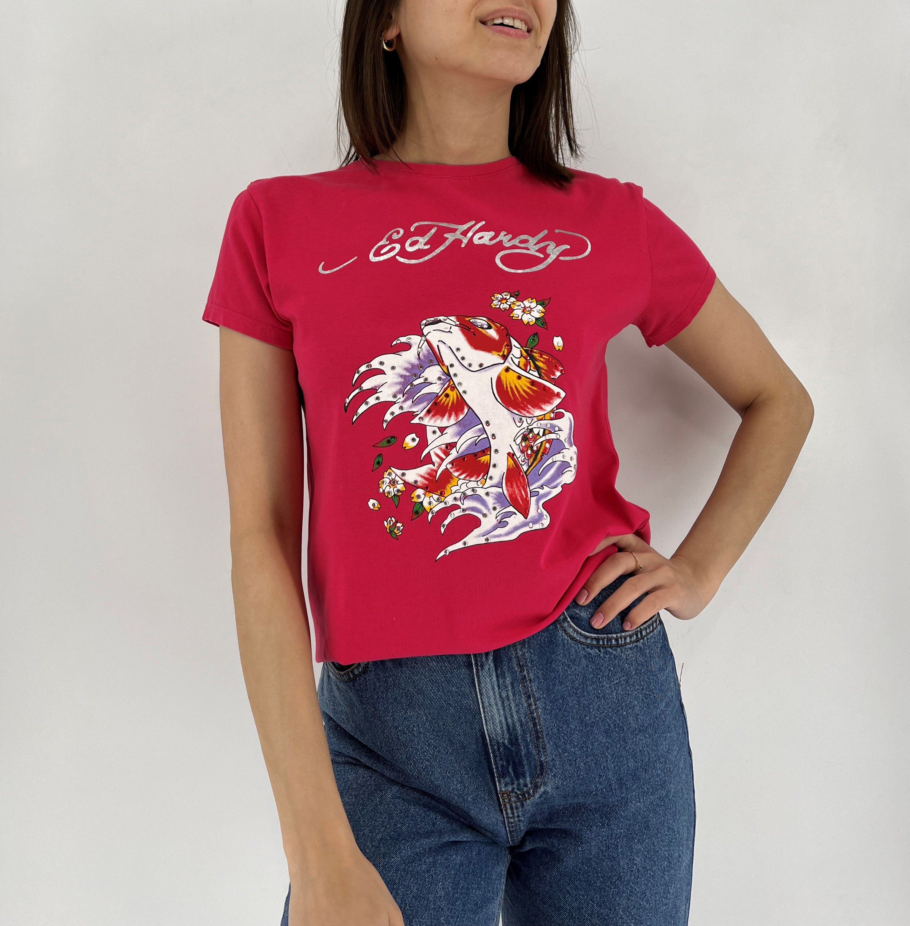 Christian Audigier Vintage Ed Hardy Women’s Rhinestones T-Shirt Size XL / US 12-14 / IT 48-50 - 3 Thumbnail