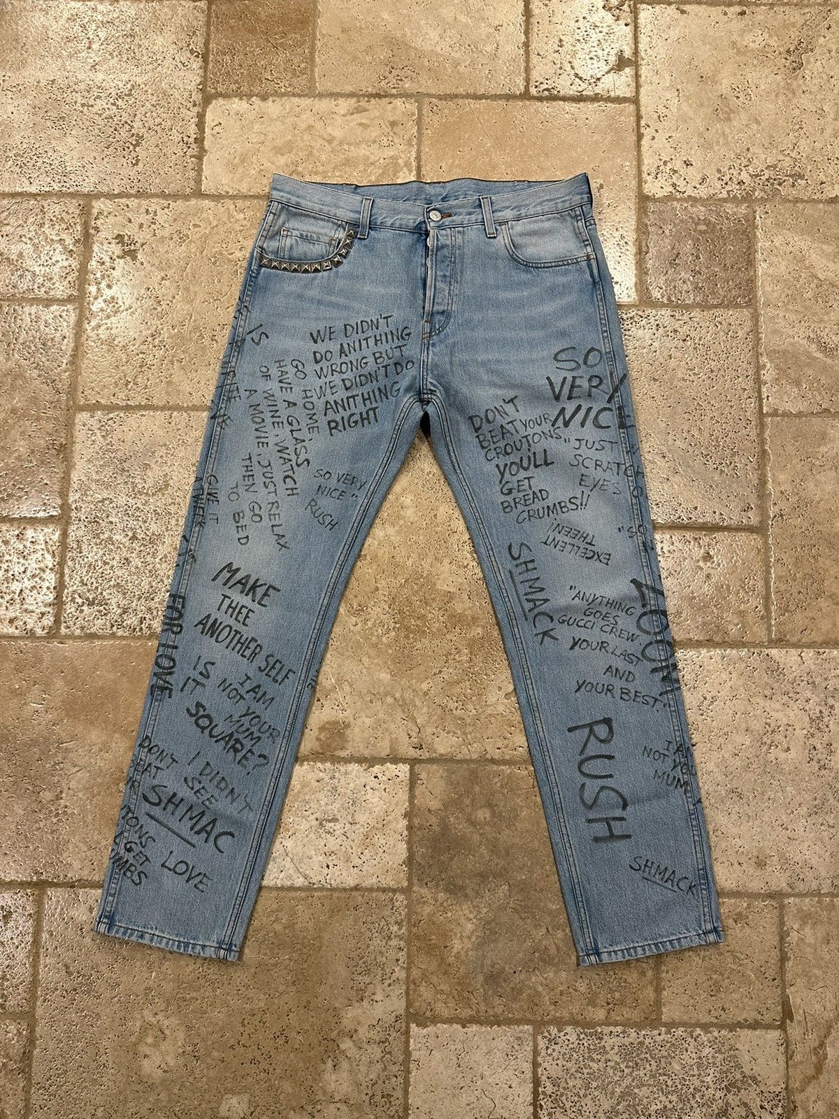 Image of Gucci 2017 Punk Stud Rockstar Scribble Blue Denim Jeans, Men's (Size 33)