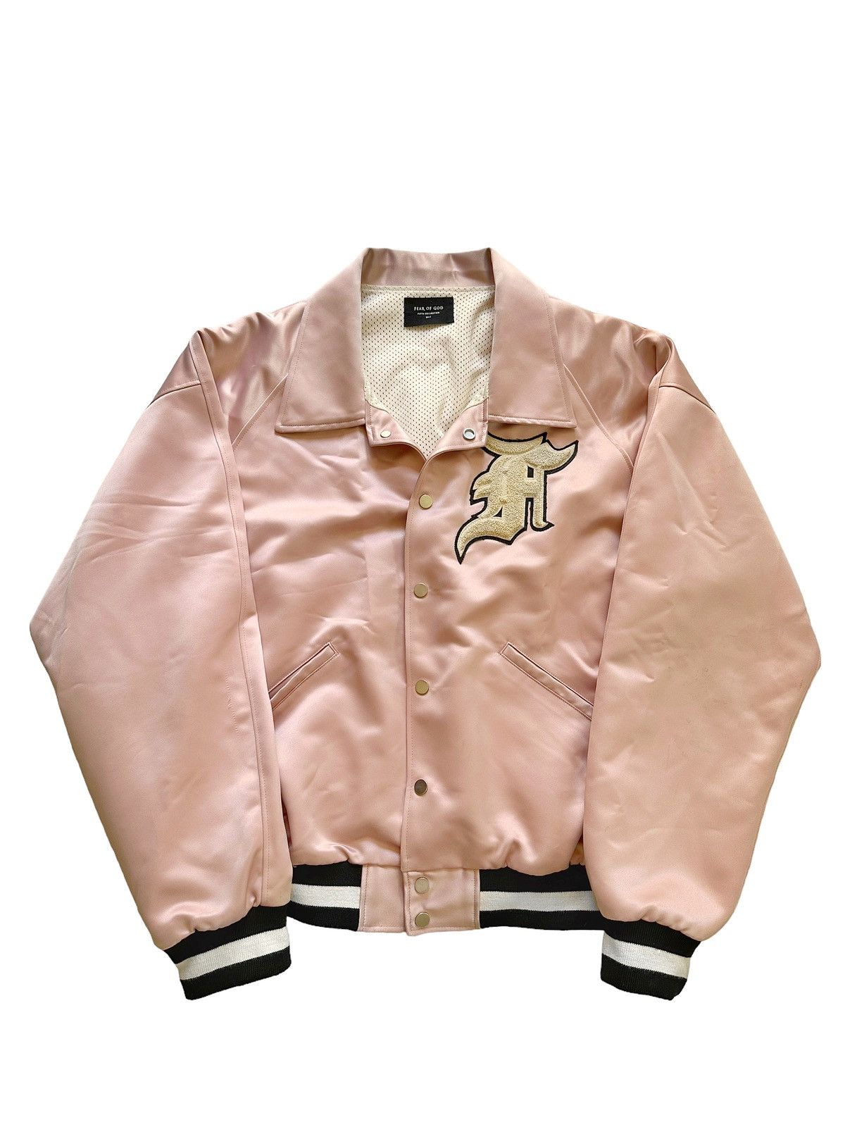 Fear of God Fifth Collection Pink Satin Baseball Coach Bomber