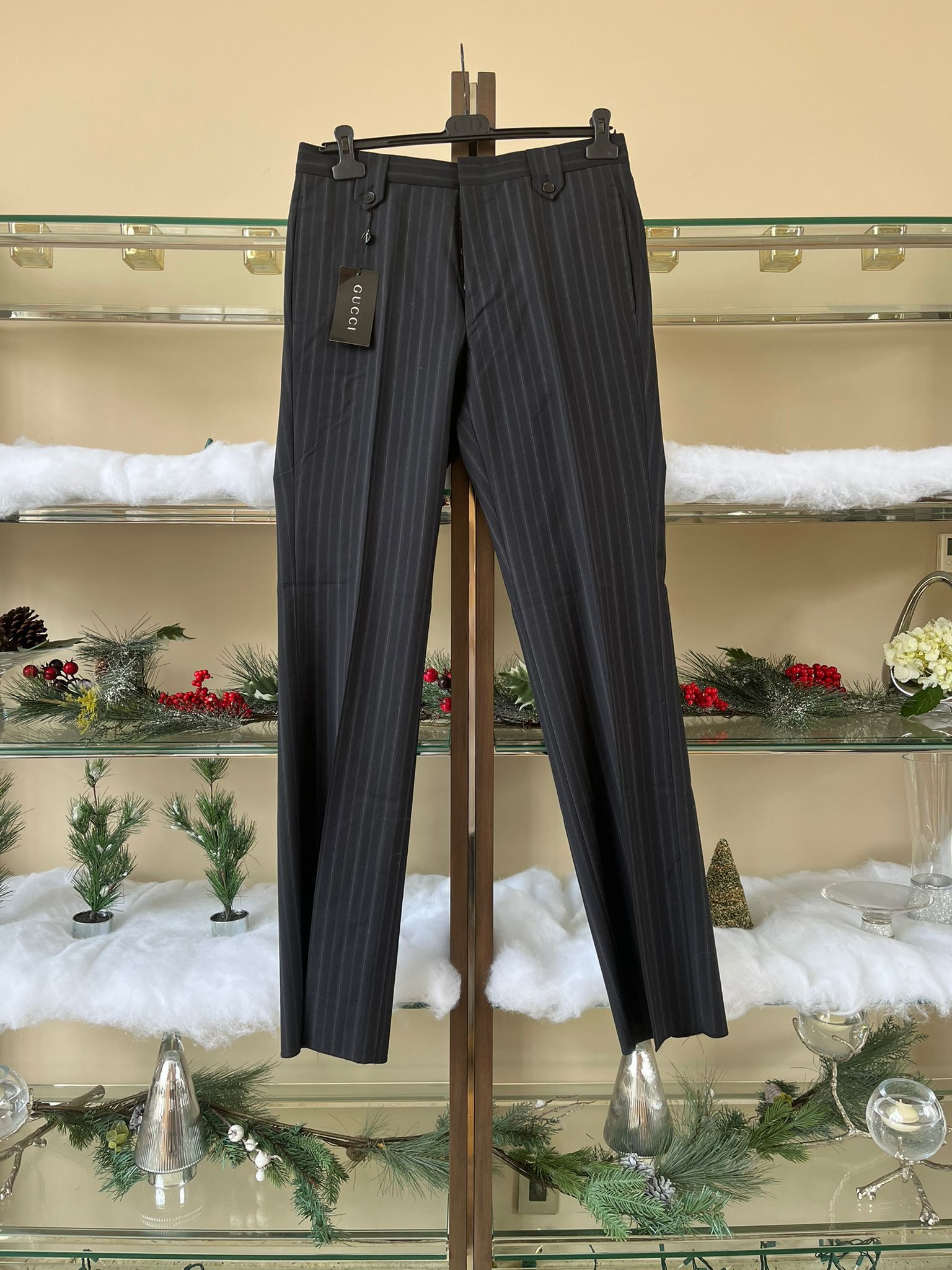 image of Gucci Classic Stripe Wool Slacks In Navy, Men's (Size 34)