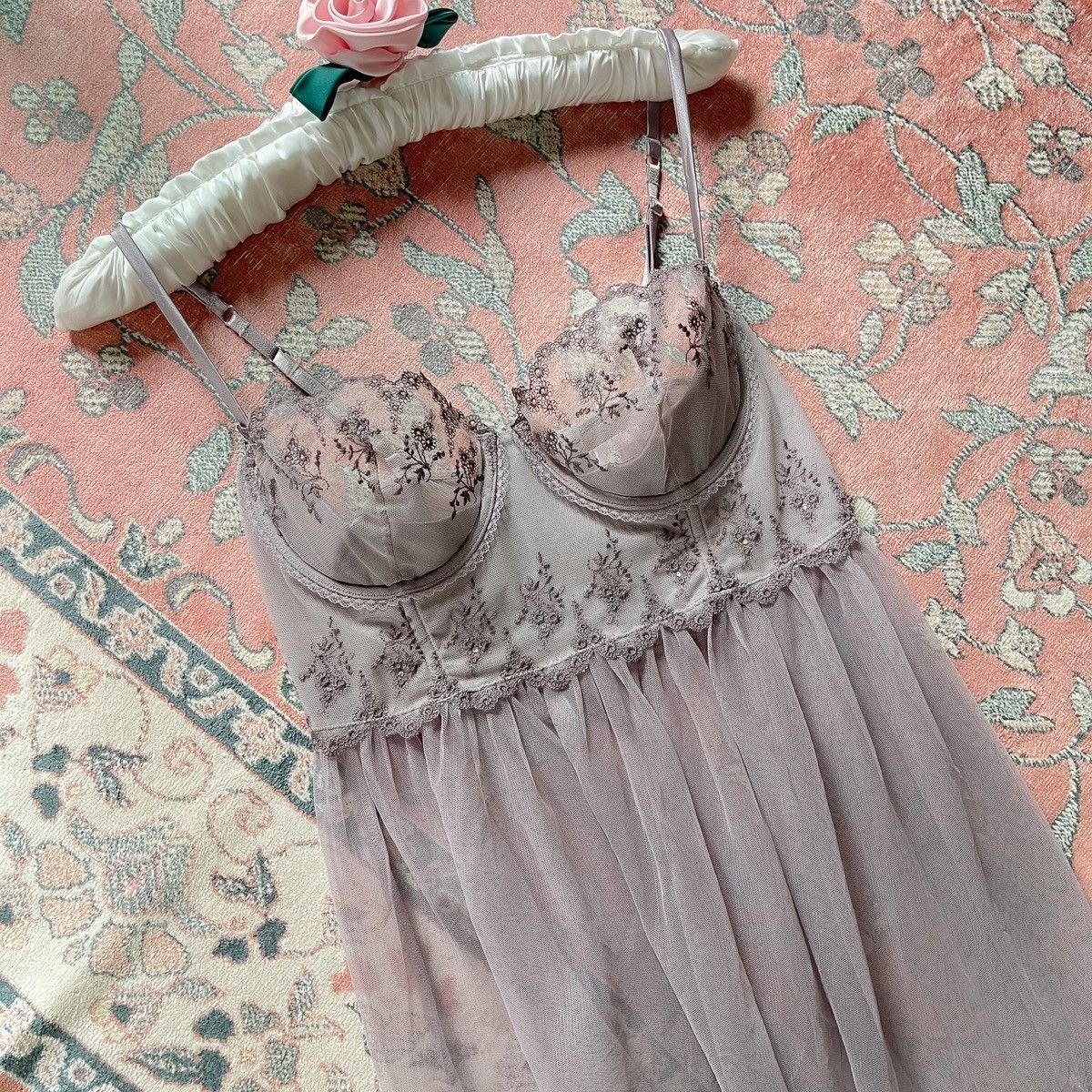 Victoria's Secret × Vintage VS Grey Mesh Sheer Bustier Mini Slip Dress (34C/32D) Size M / US 6-8 / IT 42-44 - 2 Thumbnail