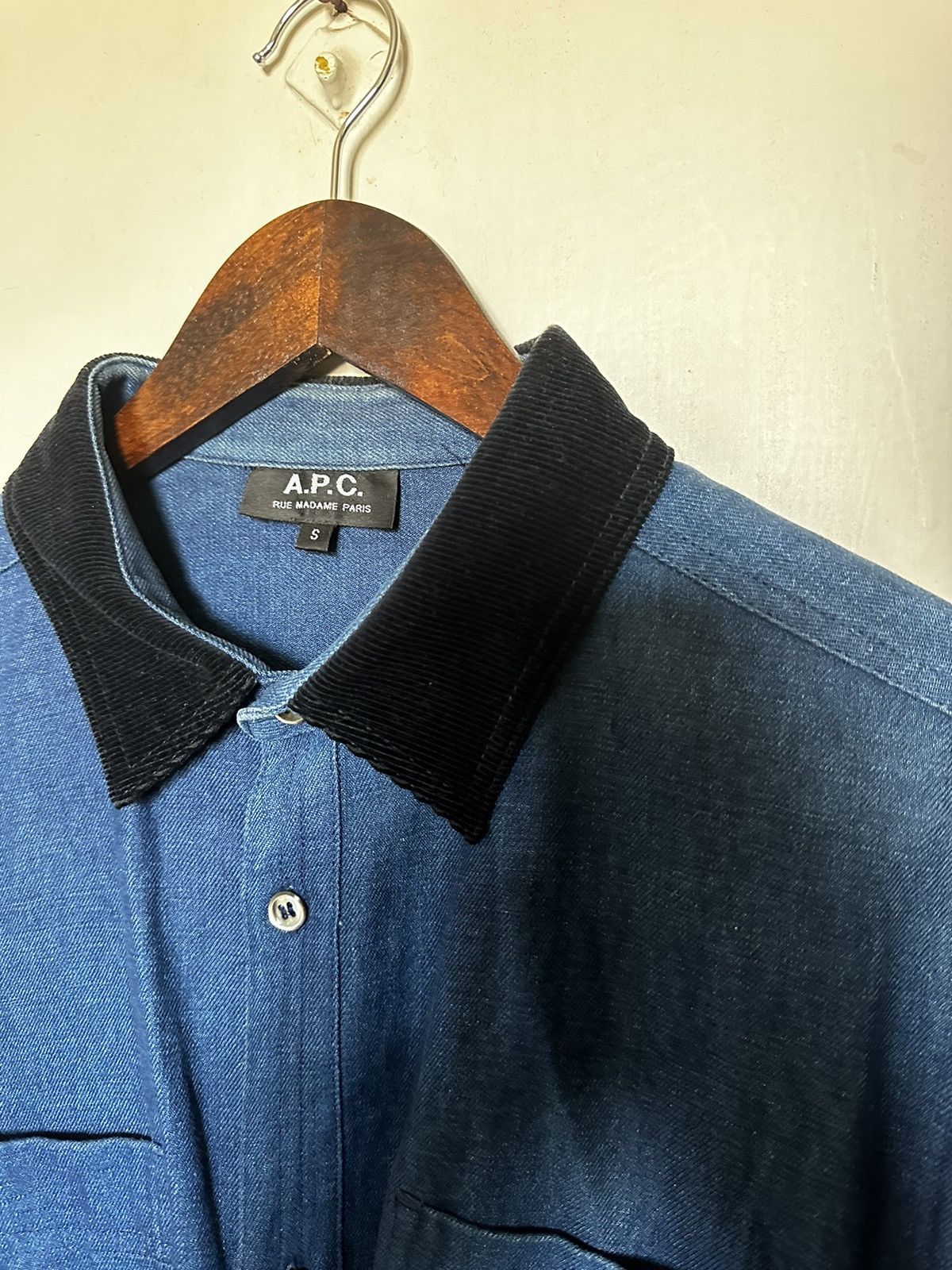 A.P.C. Long Sleeve Denim shirt with black Corduroy collar