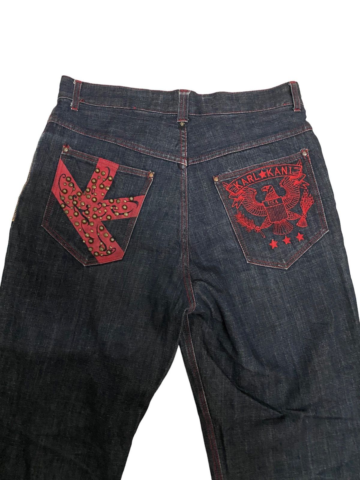 Image of Archival Clothing x Karl Kani Offervintage Karl Kani Spike Distressed Denim Jeans in Blue (Size 36)