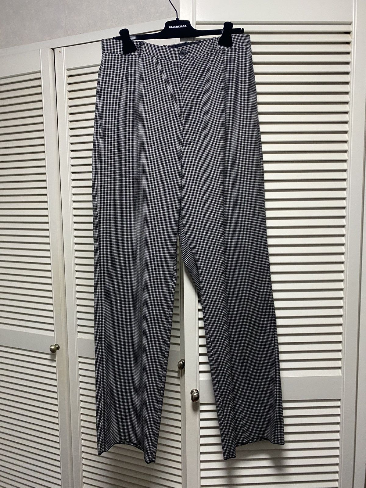 image of Balenciaga Check Wide Leg High Rise Pants in Grey, Men's (Size 30)