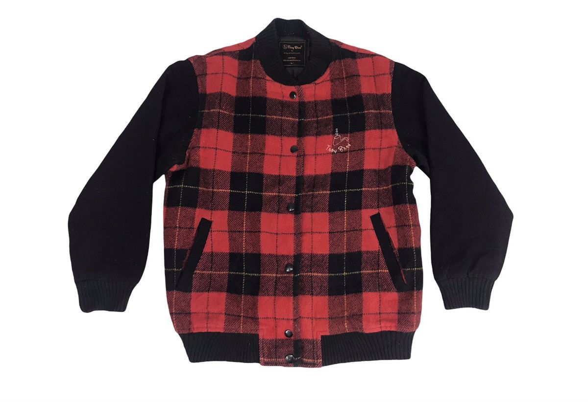 image of Vintage Troy Bros California Plaid Checked Varsity Jacket in Red, Men's (Size Small)