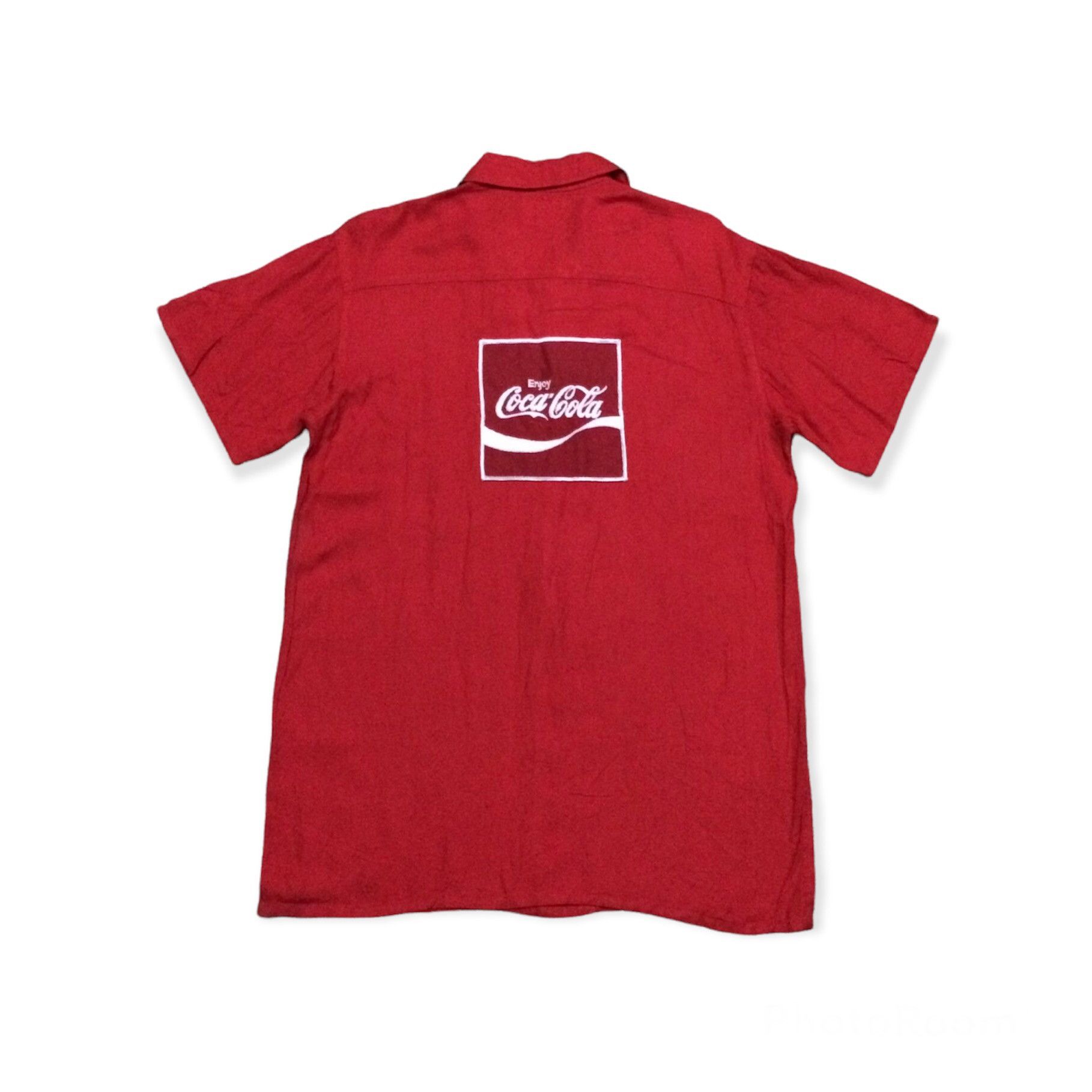 image of Vintage Coca Cola Rayon Bowling Shirt Rockabilly Style in Red Silver, Men's (Size Medium)