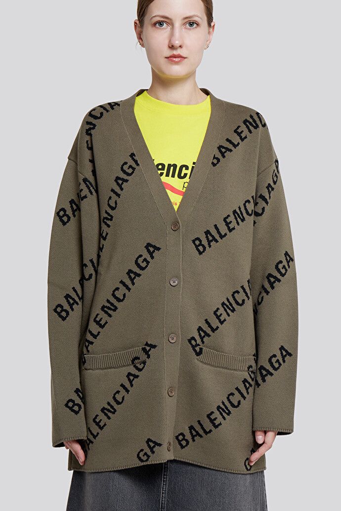 image of Balenciaga All Over Logo Khaki Cardigan, Women's (Size Medium)
