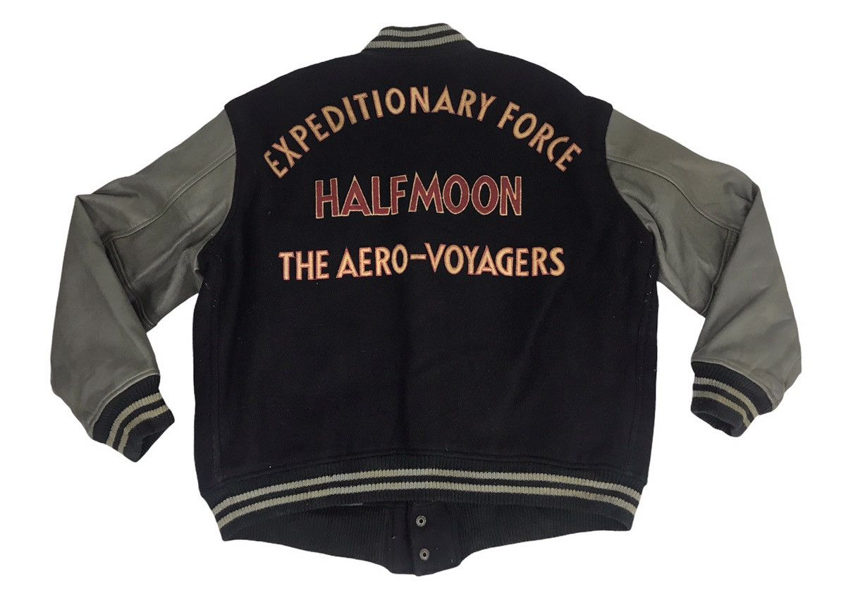 image of Half Moon Takeo Kikuchi Embroidery Varsity Leather Sleeve in Black, Men's (Size Large)