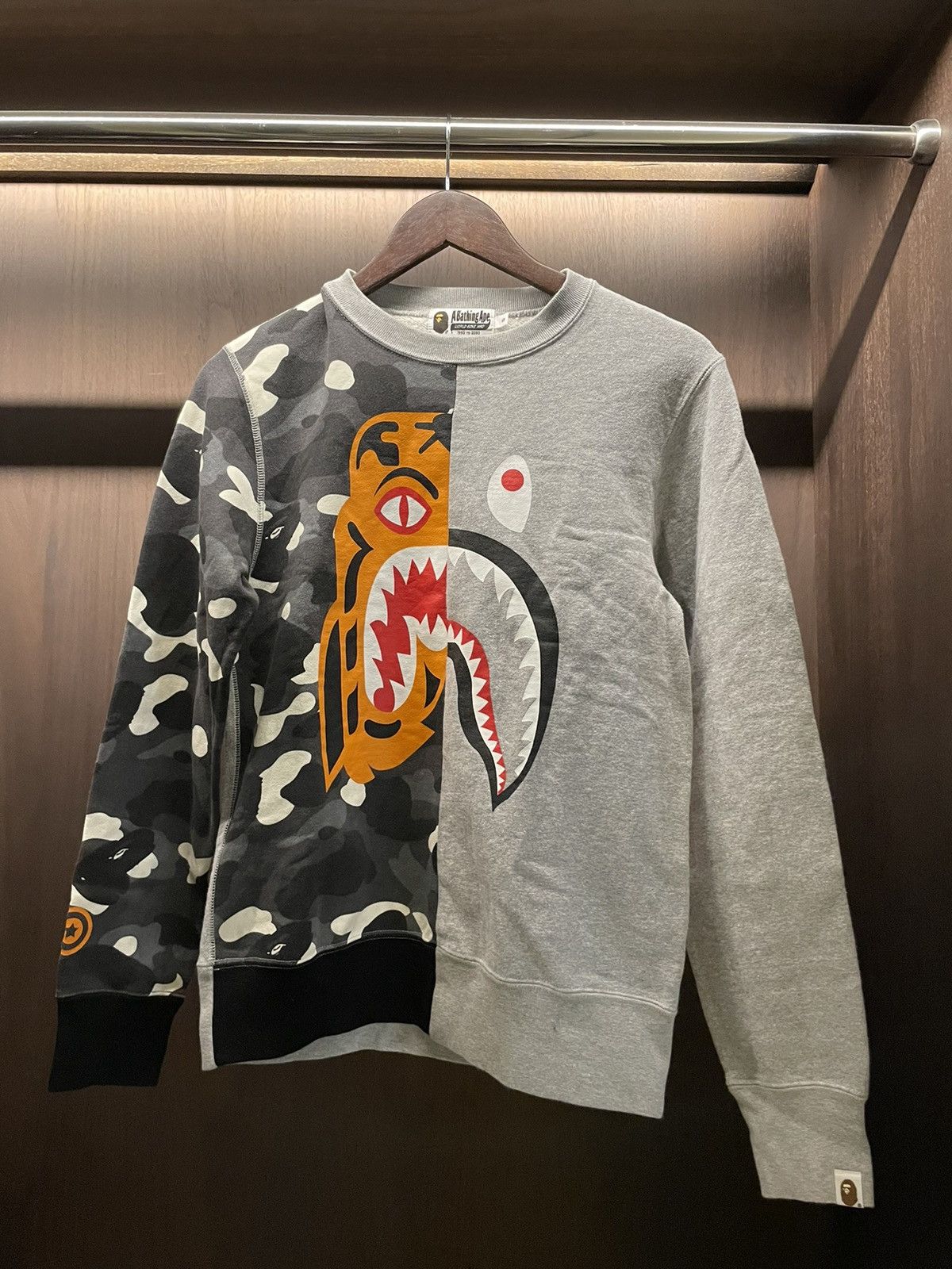 Image of Bape City Camo Tiger Shark Crewneck in Grey, Men's (Size Small)