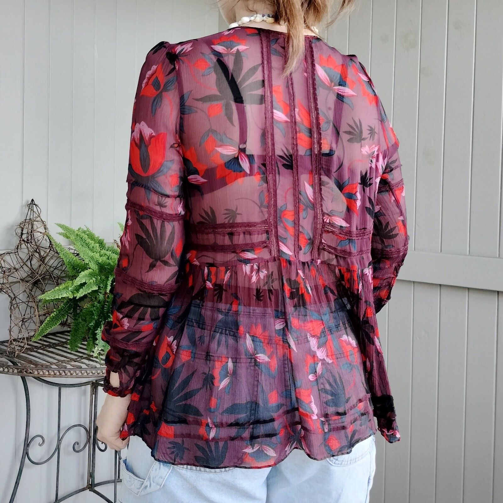 Designer Sussan Top Blouse Floral Puff Sleeve Peplum Lace Crepe Sheer Size S / US 4 / IT 40 - 2 Thumbnail