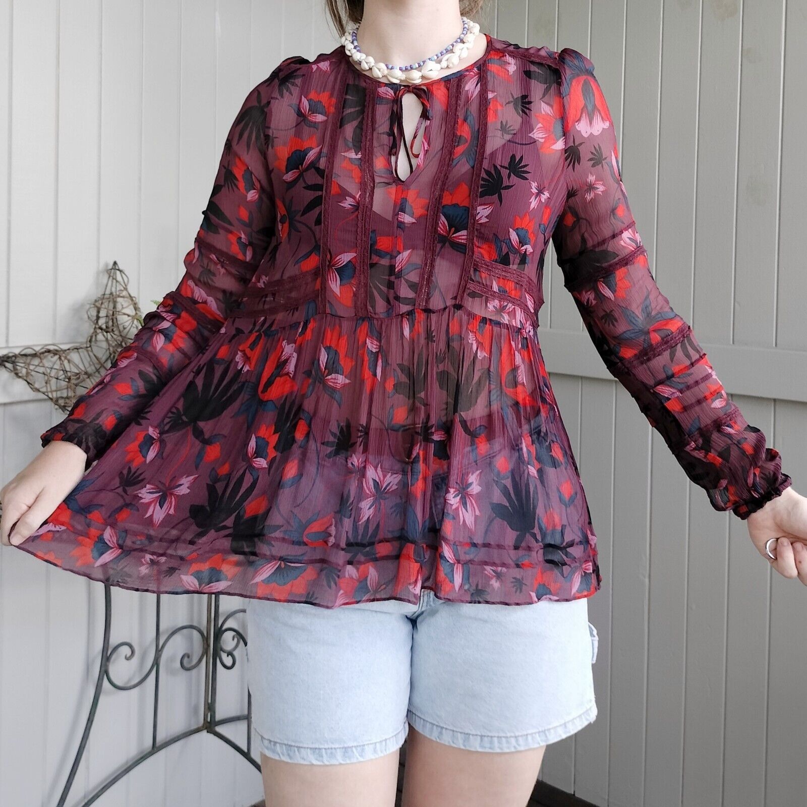Designer Sussan Top Blouse Floral Puff Sleeve Peplum Lace Crepe Sheer Size S / US 4 / IT 40 - 1 Thumbnail