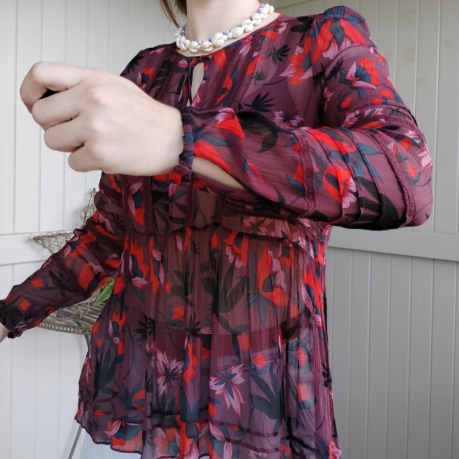 Designer Sussan Top Blouse Floral Puff Sleeve Peplum Lace Crepe Sheer Size S / US 4 / IT 40 - 5 Thumbnail