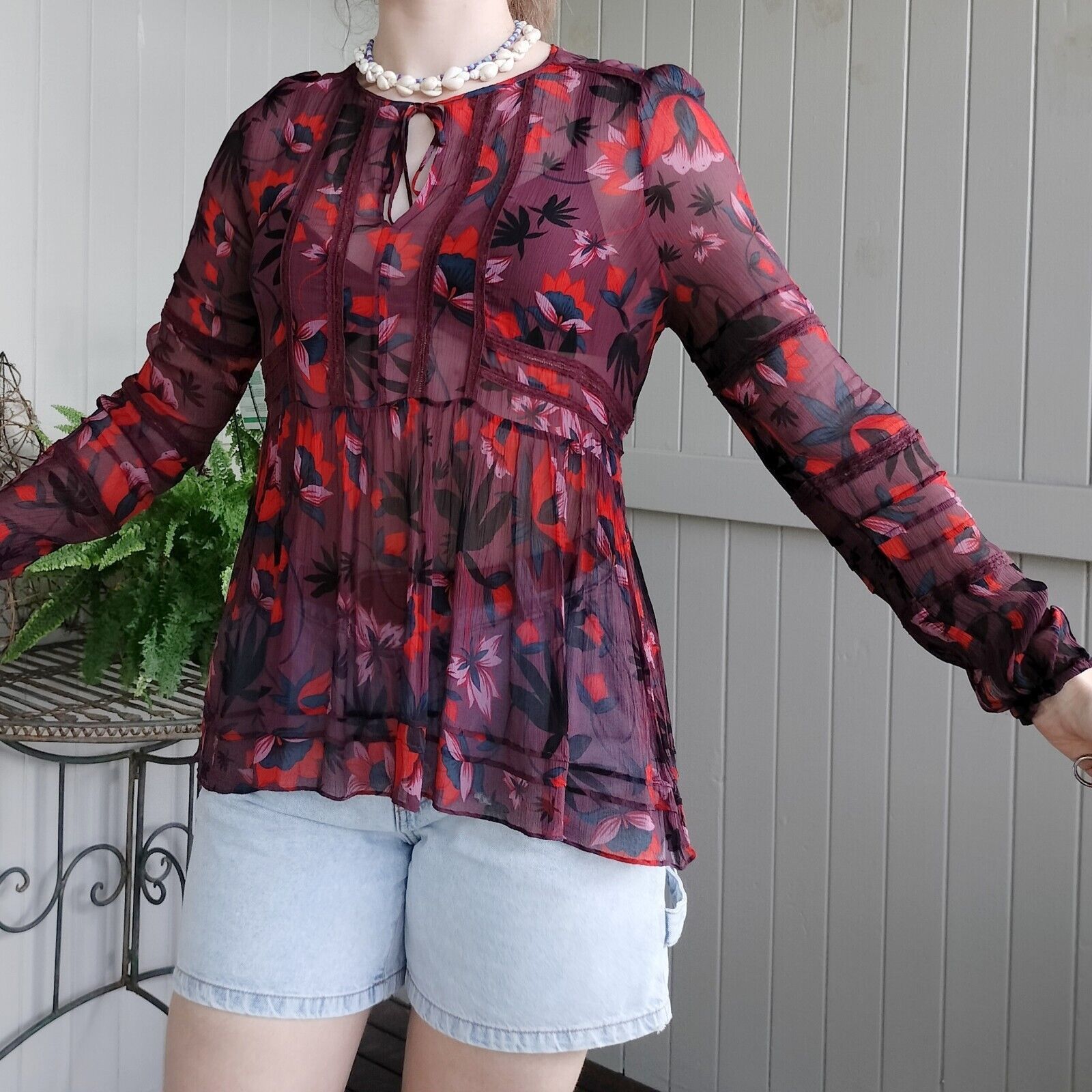 Designer Sussan Top Blouse Floral Puff Sleeve Peplum Lace Crepe Sheer Size S / US 4 / IT 40 - 3 Thumbnail