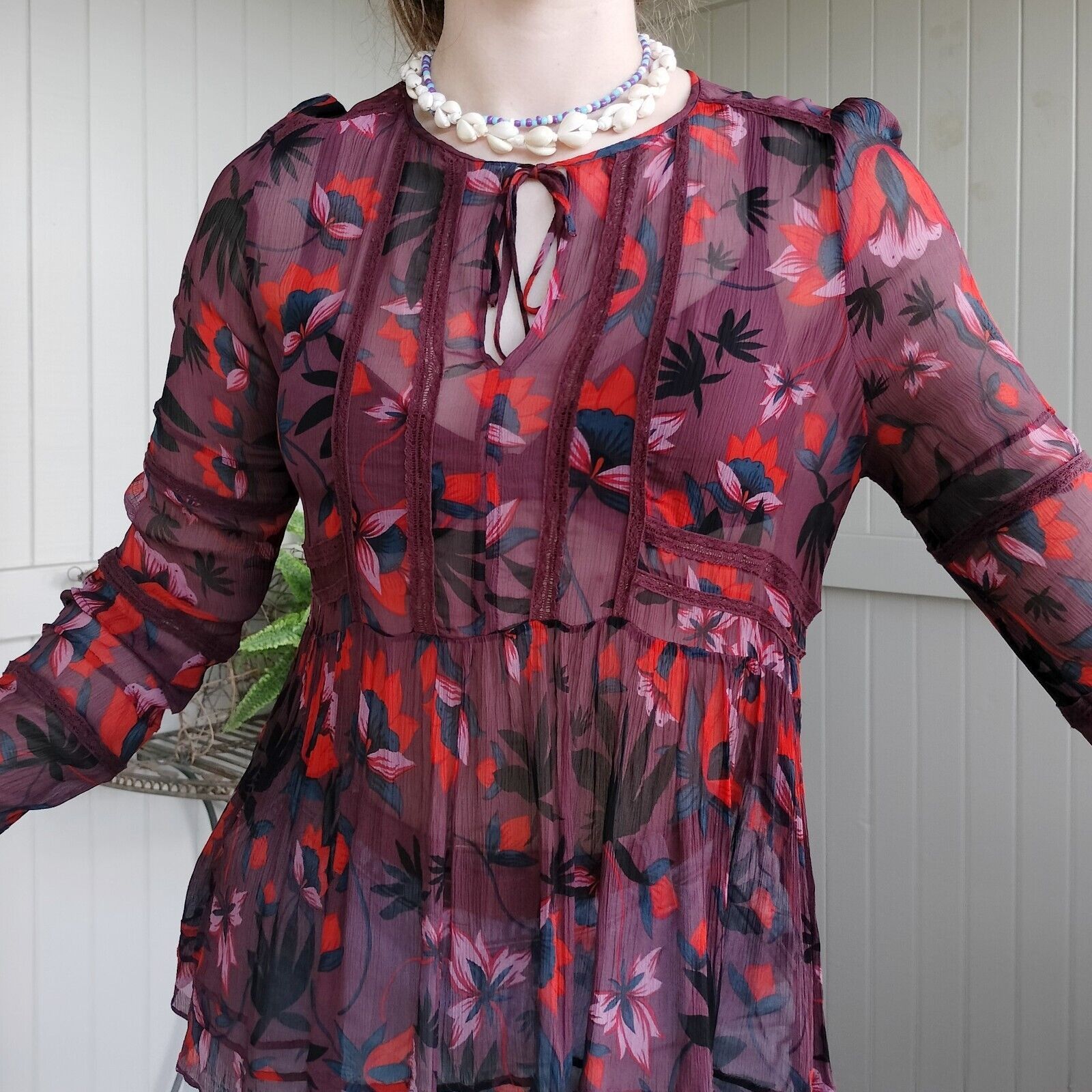 Designer Sussan Top Blouse Floral Puff Sleeve Peplum Lace Crepe Sheer Size S / US 4 / IT 40 - 4 Thumbnail