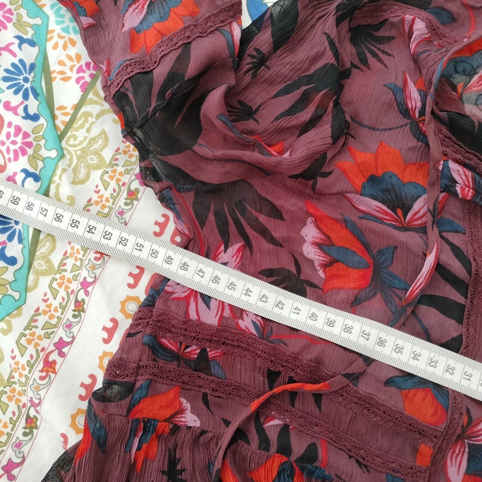 Designer Sussan Top Blouse Floral Puff Sleeve Peplum Lace Crepe Sheer Size S / US 4 / IT 40 - 7 Thumbnail