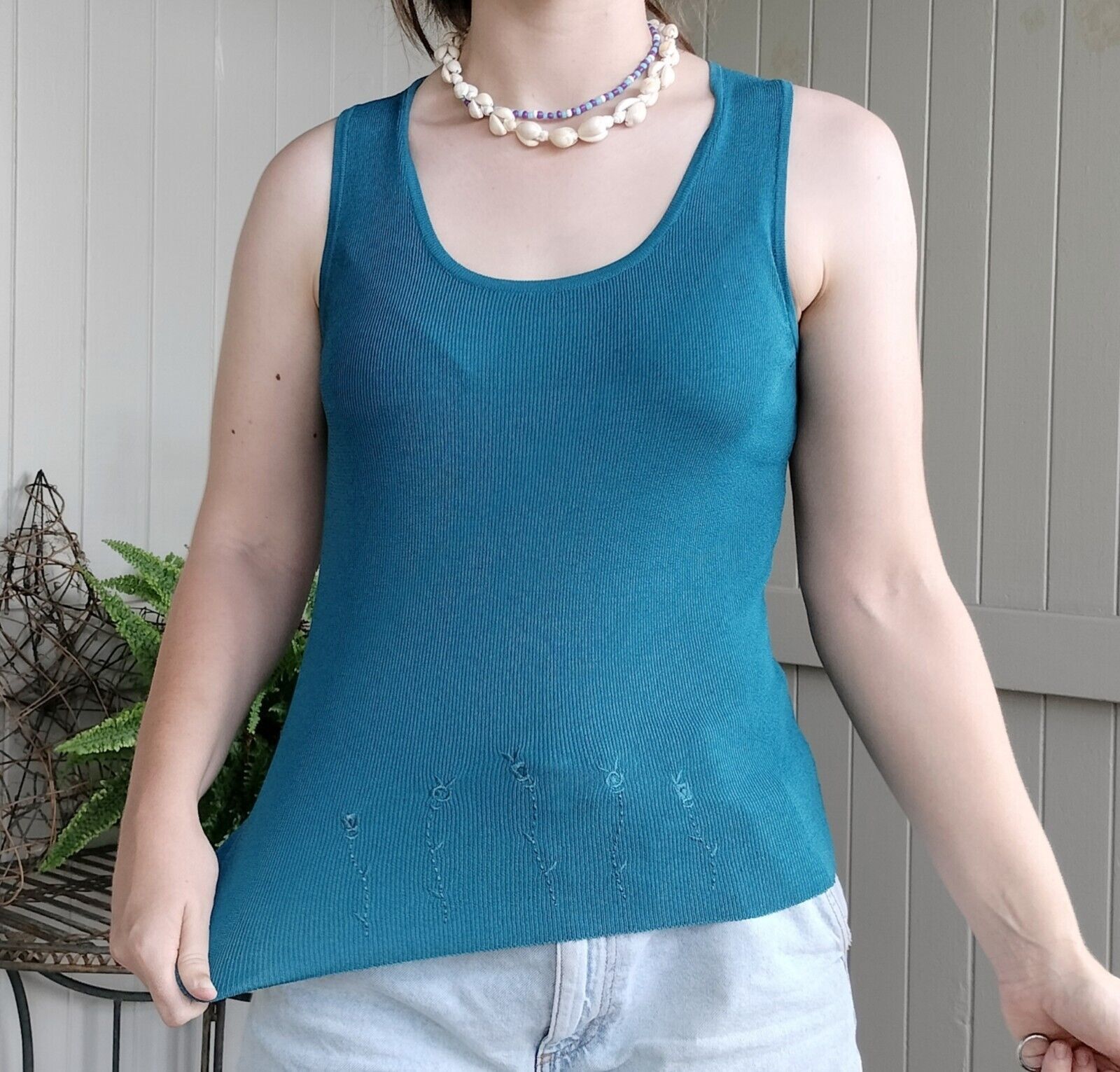 Designer × Vintage Vintage Y2K Top Tank Floral Knit Embroidered Rayon Cami Size L / US 10 / IT 46 - 3 Thumbnail