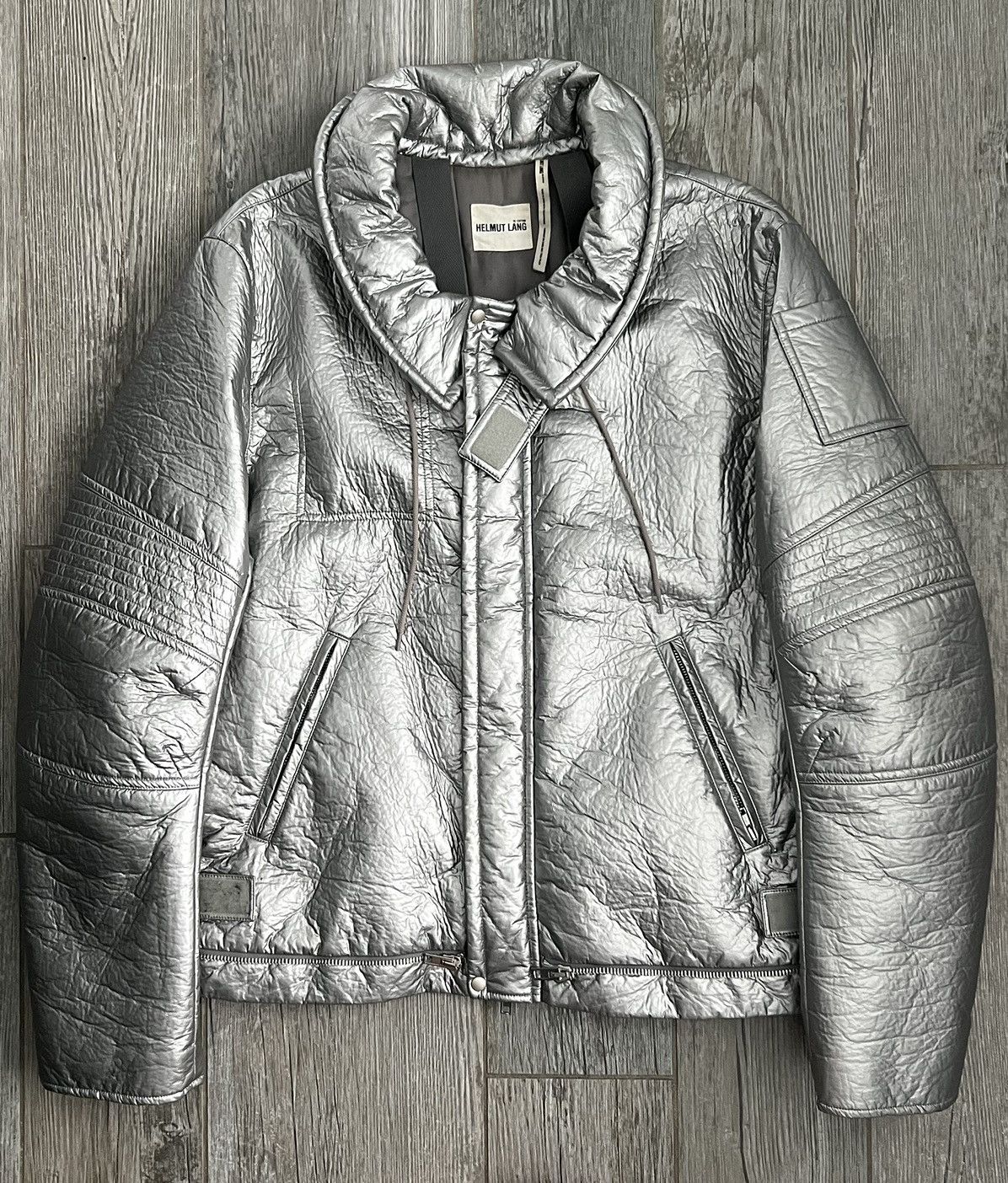 Image of Helmut Lang Silver Astro Biker Reedition Zipup Puffer Jacket, Men's (Size XL)