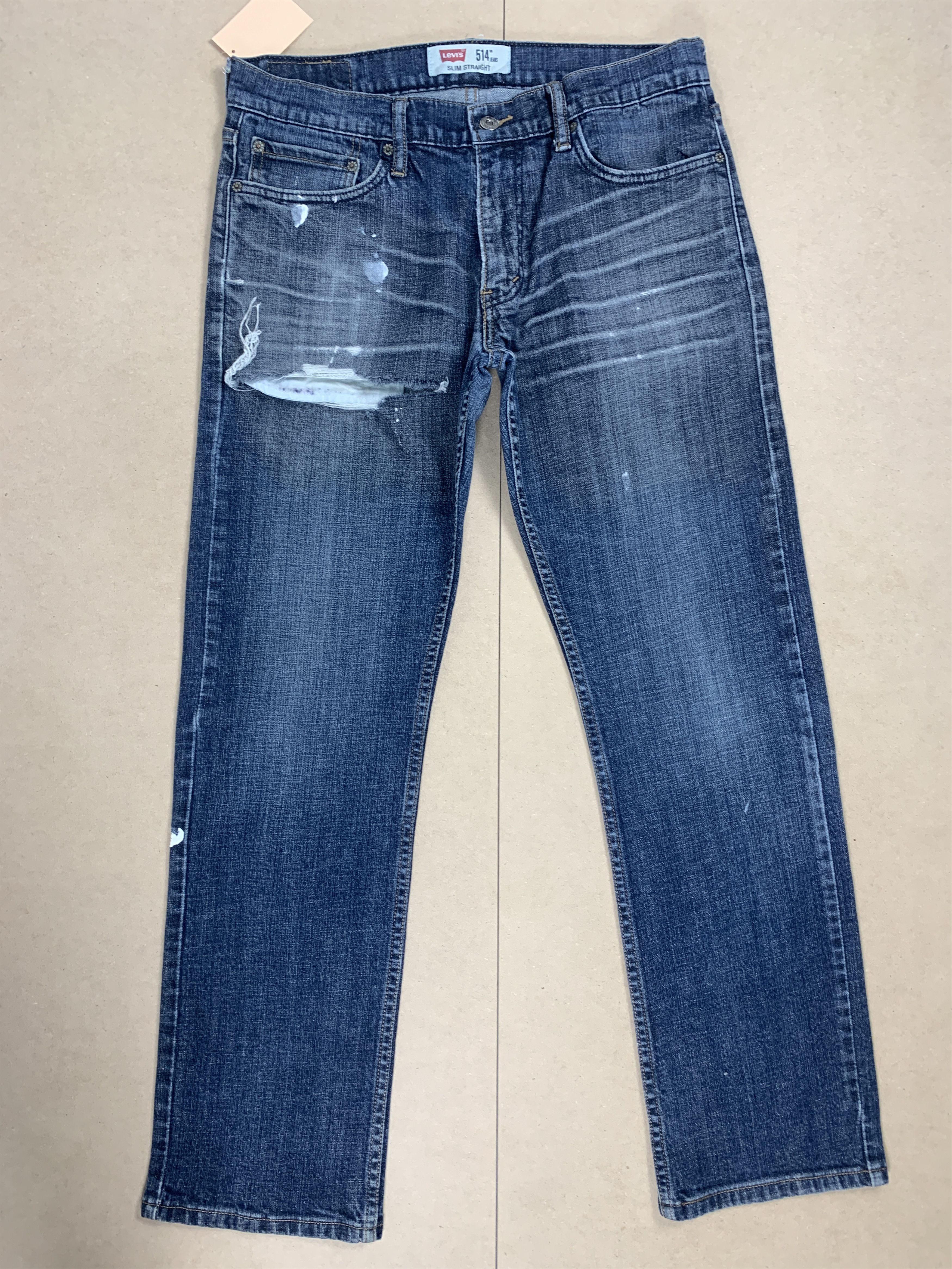 image of Levis 514 Straight Cut Distressed Faded Blue Jeans in Blue Denim, Men's (Size 34)