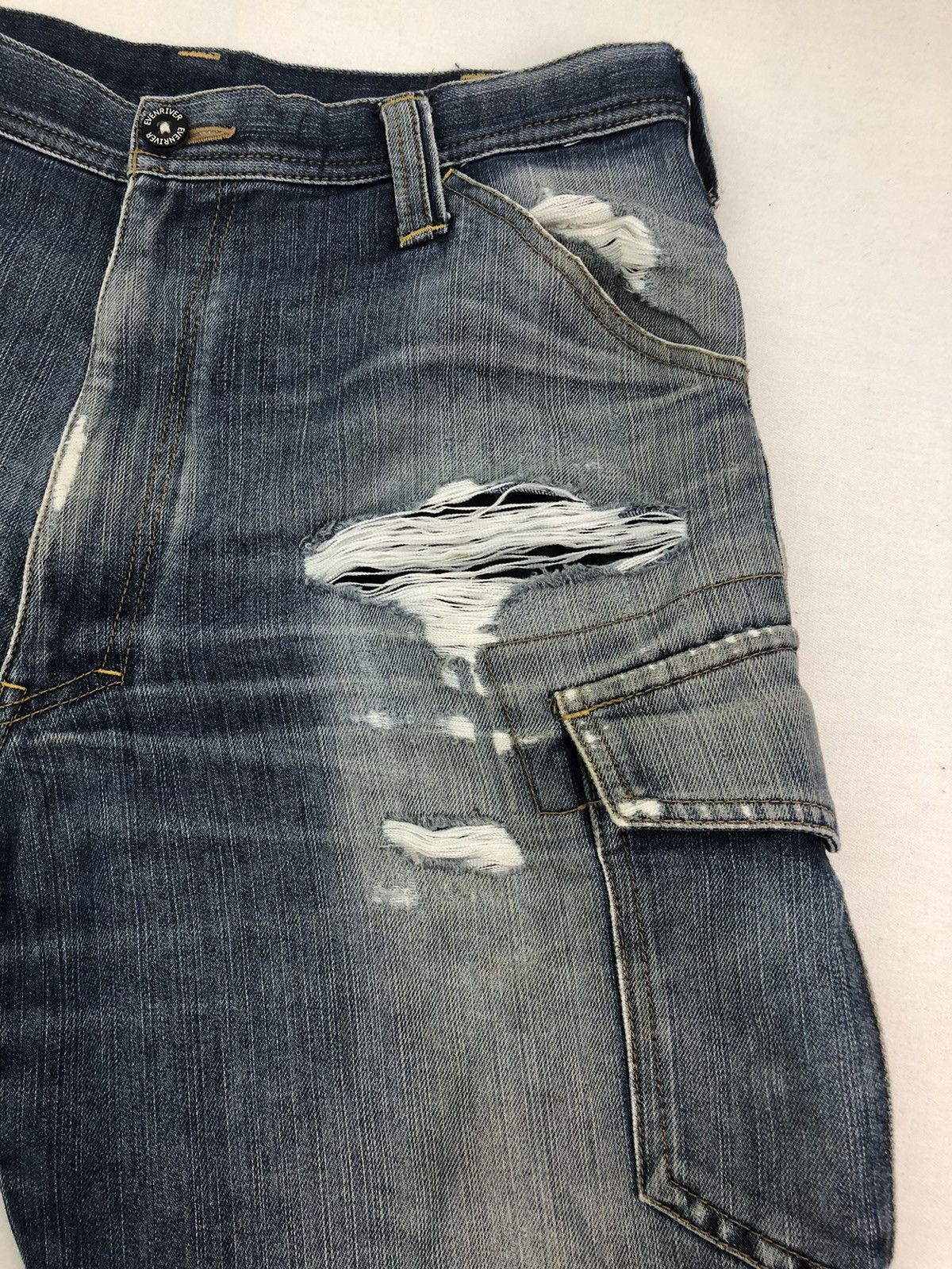 Japanese Brand Evenriver Distressed Denim Baggy Jeans Utility Cargo Pants Size US 33 - 5 Thumbnail