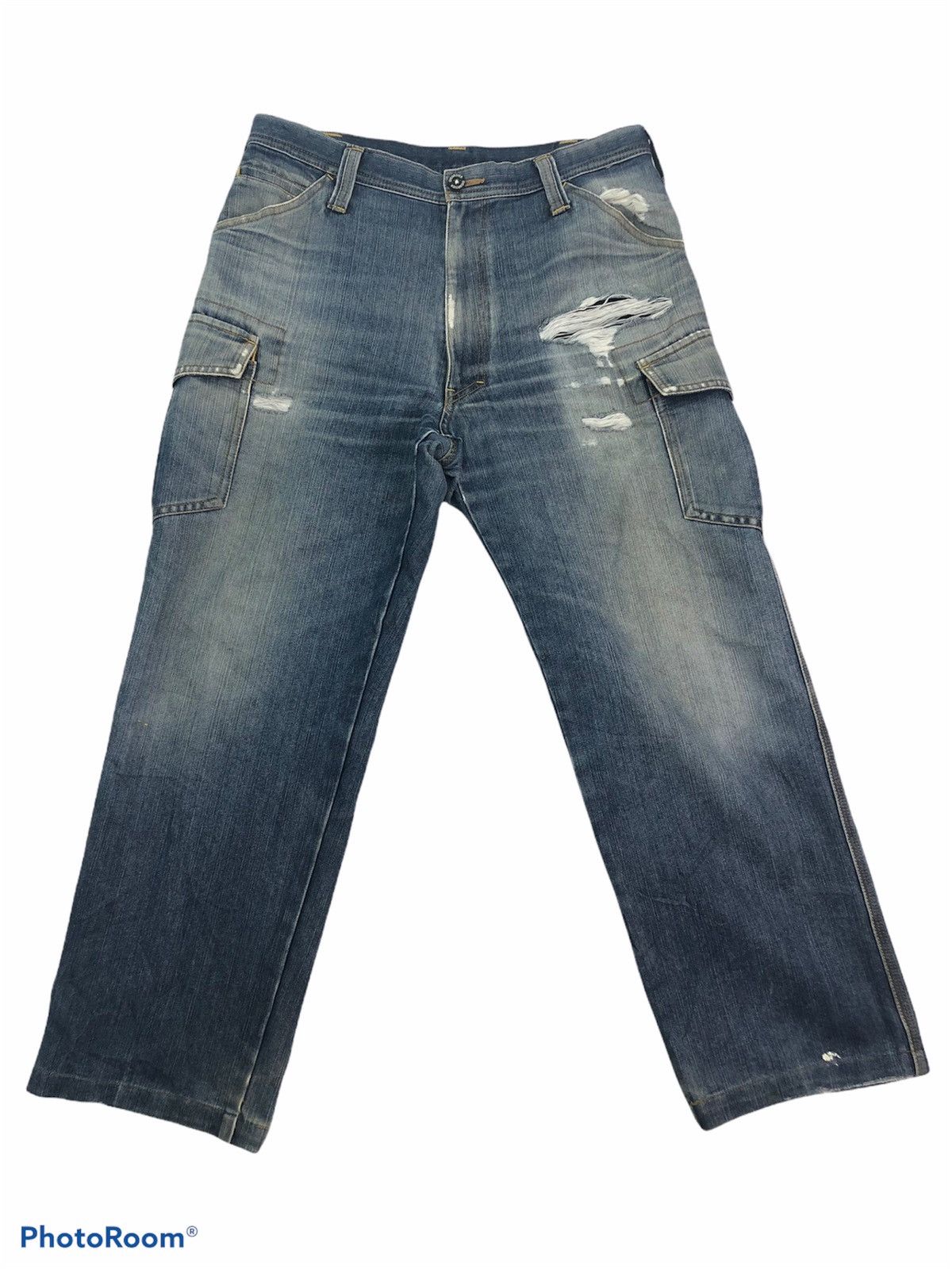 Japanese Brand Evenriver Distressed Denim Baggy Jeans Utility Cargo Pants Size US 33 - 1 Thumbnail