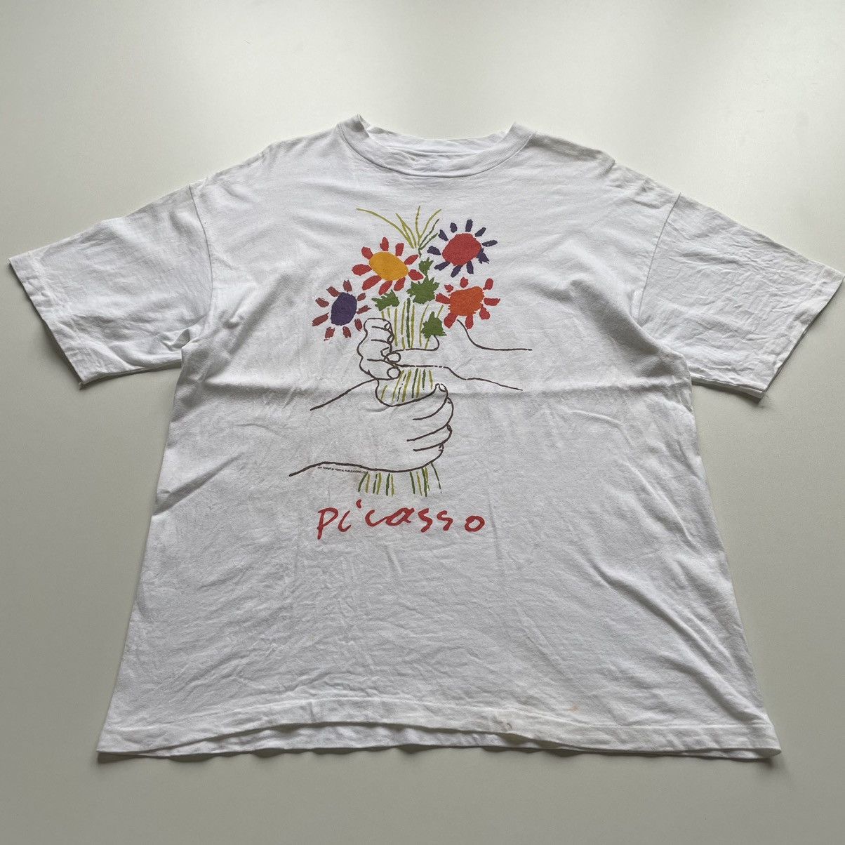 image of Vintage 90's Picasso Bouquet Of Peace Art T Shirt Made In Usa in White, Men's (Size Large)