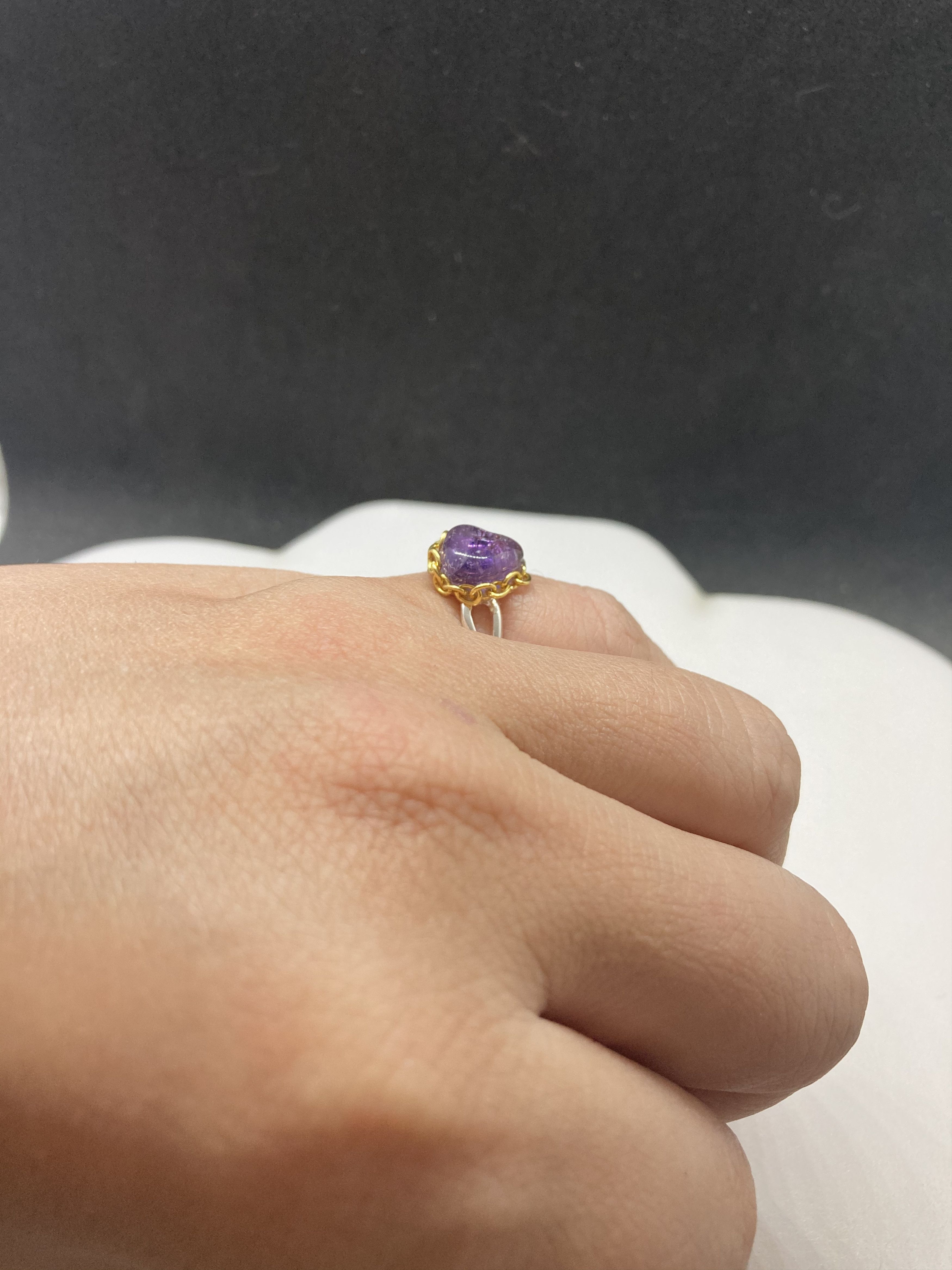 Handmade Amethyst Stainless Steel Ring with gold chain - size 6.25 Size ONE SIZE - 3 Thumbnail