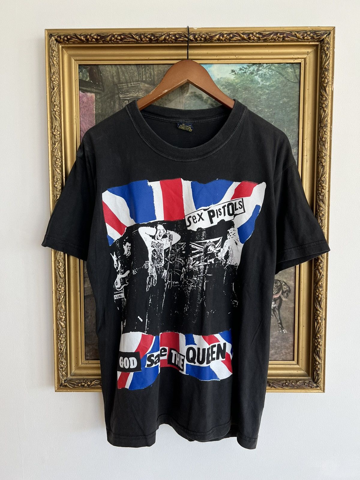 image of Band Tees x Rock T Shirt Vintage 90's Sex Pistols God Save The Queen Black Tee, Men's (Size Large)