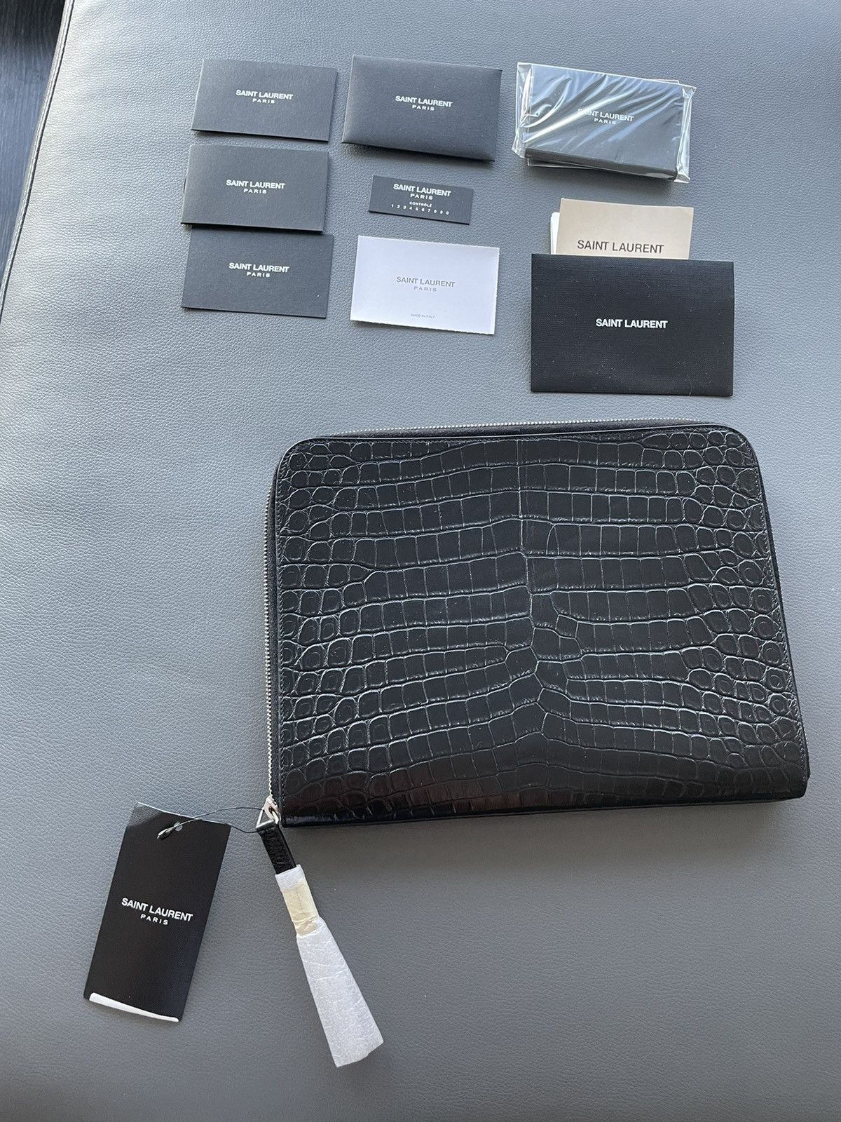 Saint Laurent Paris Rare Super Limited Runway Croc Embossed Leather Pouch Bag Size ONE SIZE - 15 Thumbnail