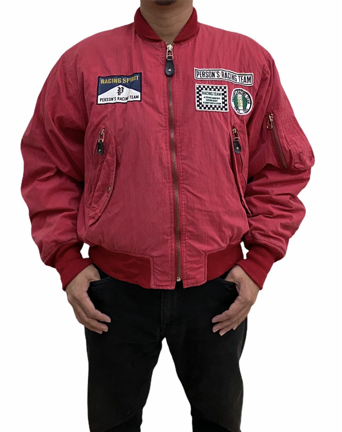 image of Persons x Racing Vintage Person’S Racing Team Bomber Jacket in Faded Red (Size XL)