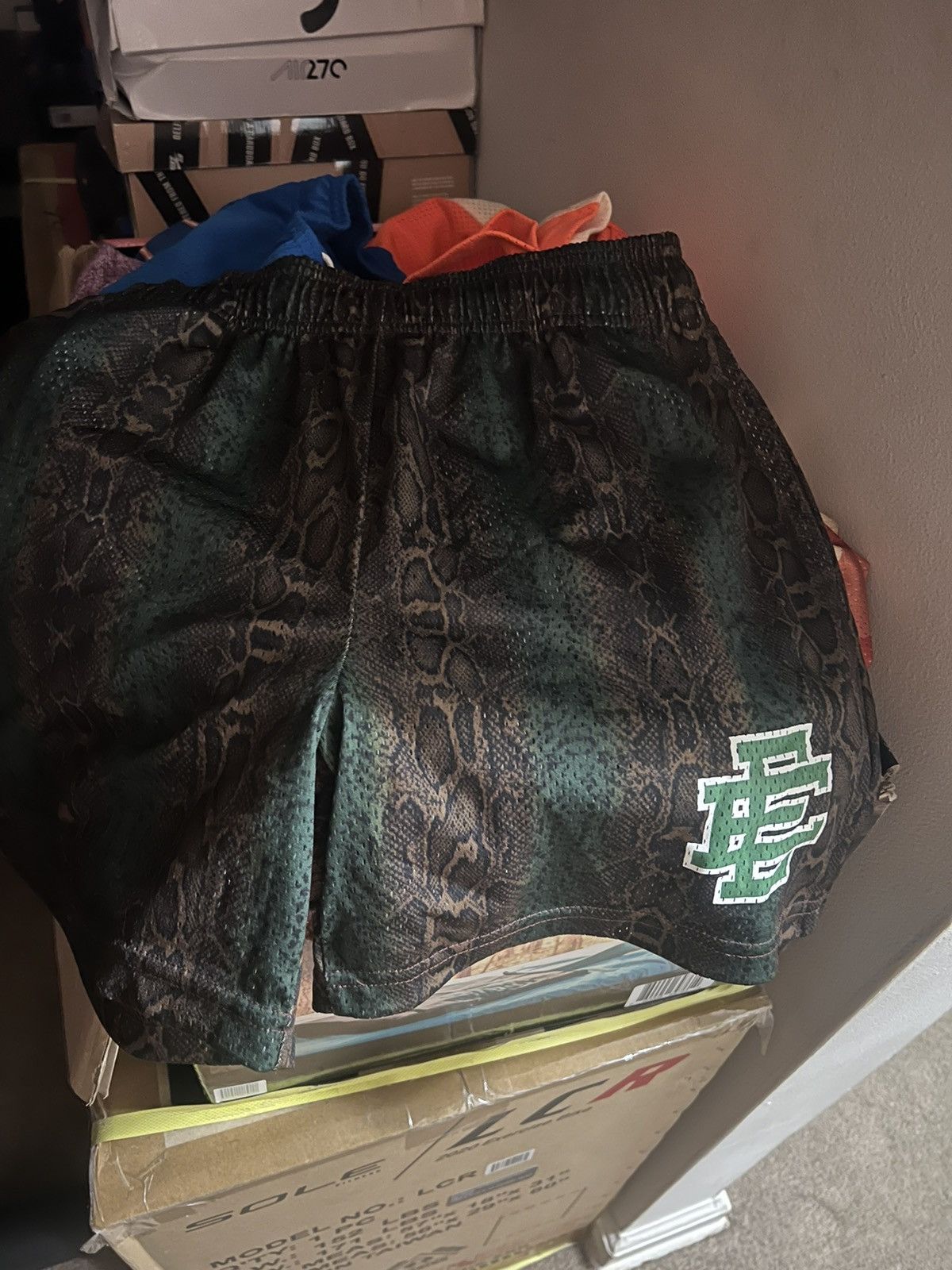 image of Eric Emanuel Brown And Green Snakeskin Shorts Medium in Green/Brown, Men's (Size 30)