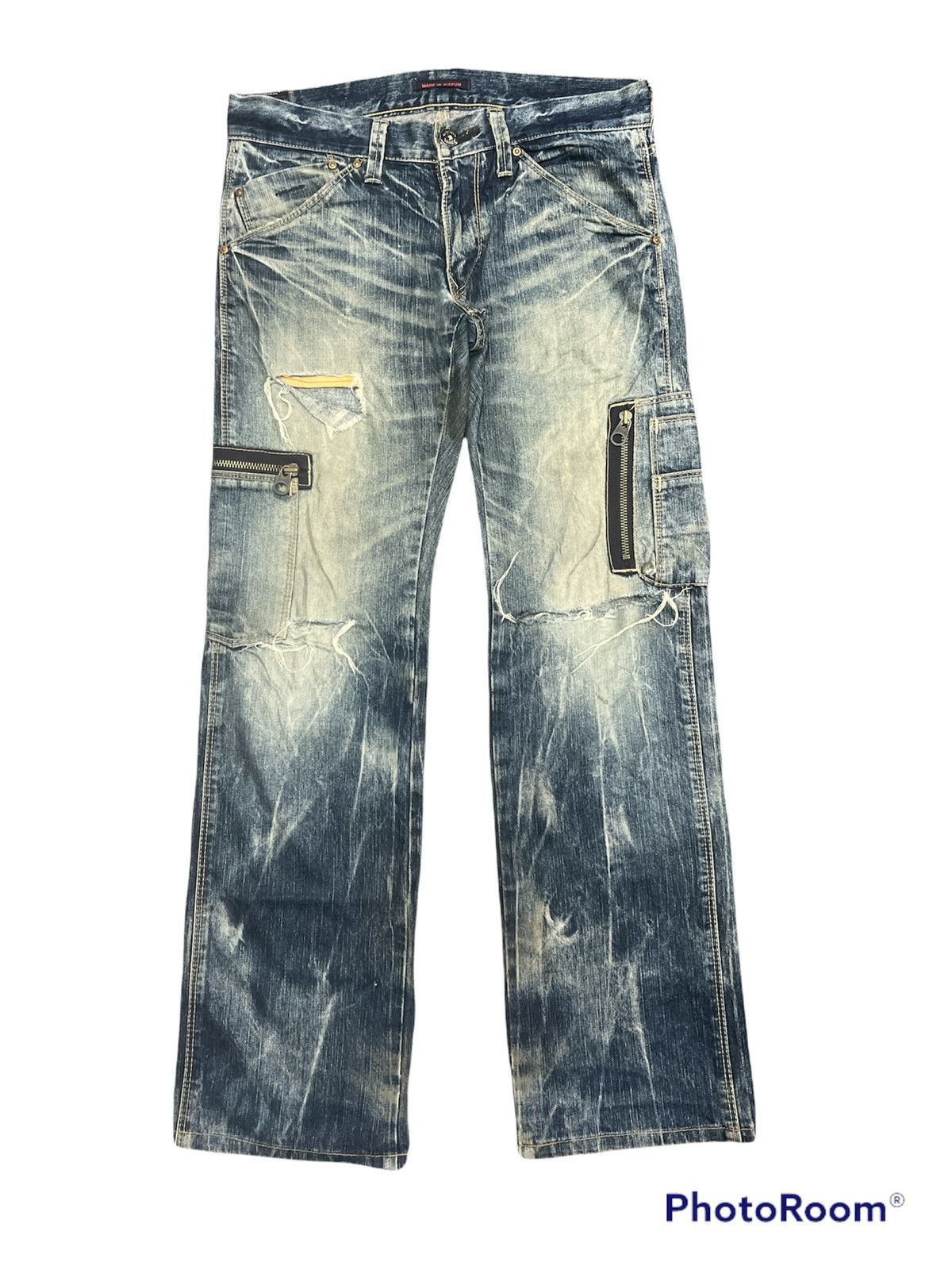 Image of Distressed Denim Thrashed Distressed Ripped Blue Way Made Japan Cargo Denim in Blue Fade (Size 30)