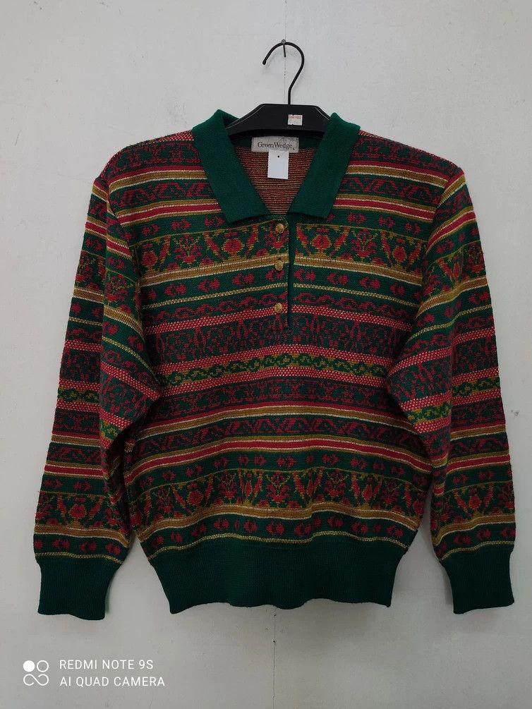 Native Rare ! Vintage Green Wedge Stripe Art Motif Knitwear Jumper Size US M / EU 48-50 / 2 - 1 Thumbnail