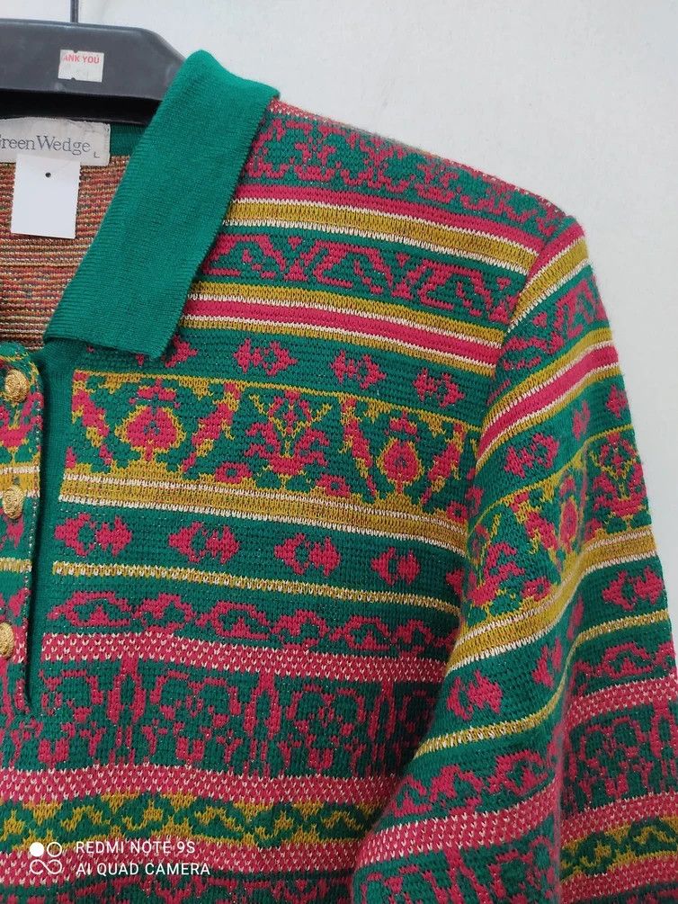 Native Rare ! Vintage Green Wedge Stripe Art Motif Knitwear Jumper Size US M / EU 48-50 / 2 - 5 Thumbnail