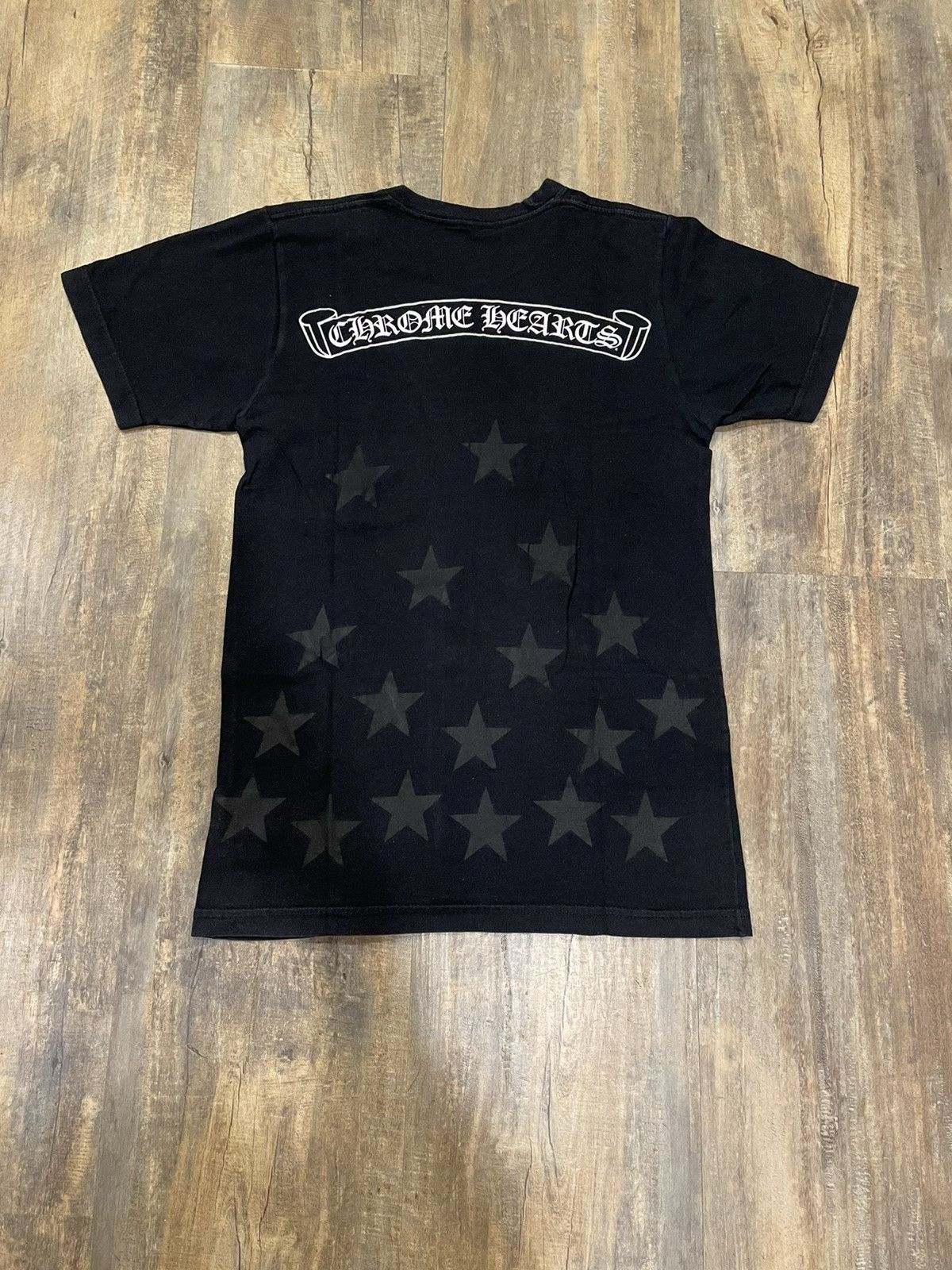 image of Chrome Hearts Horseshoe Scroll Stars Logo Pocket Tee in Black/White, Men's (Size Small)