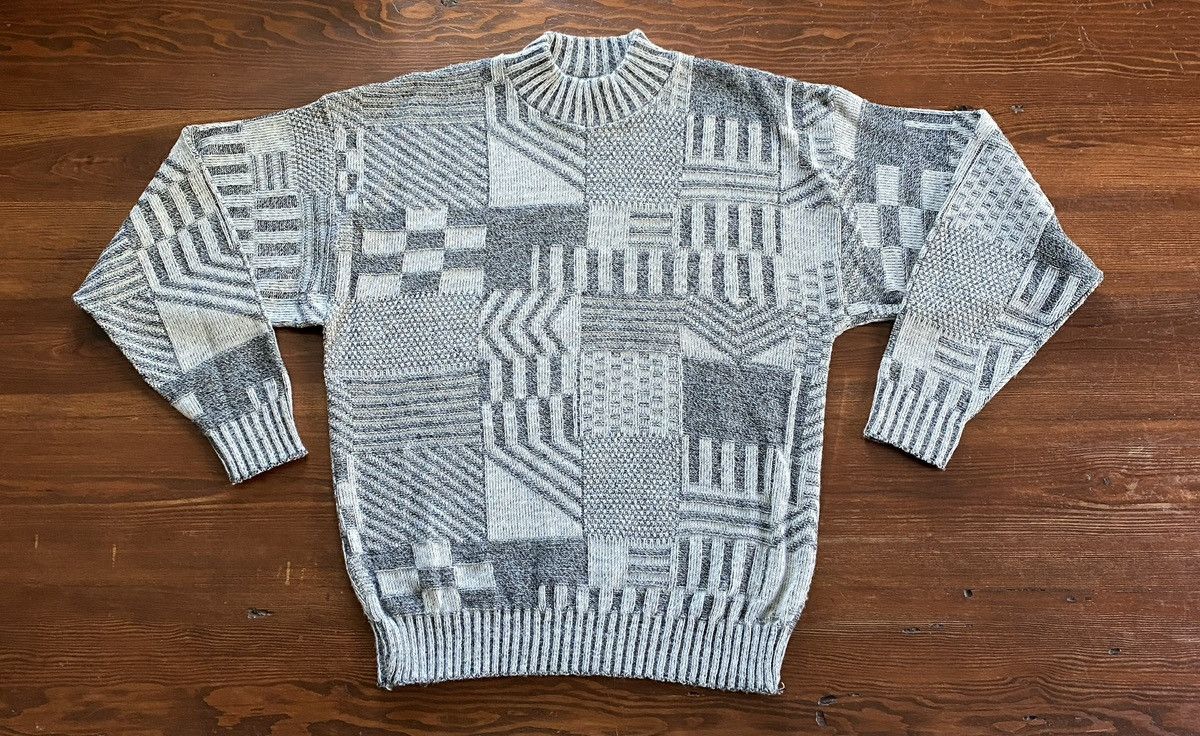 Le TIGRE Vintage 80’s Le Tigre Gray Geometric Blocks Knit Sweater Size US XL / EU 56 / 4 - 2 Thumbnail