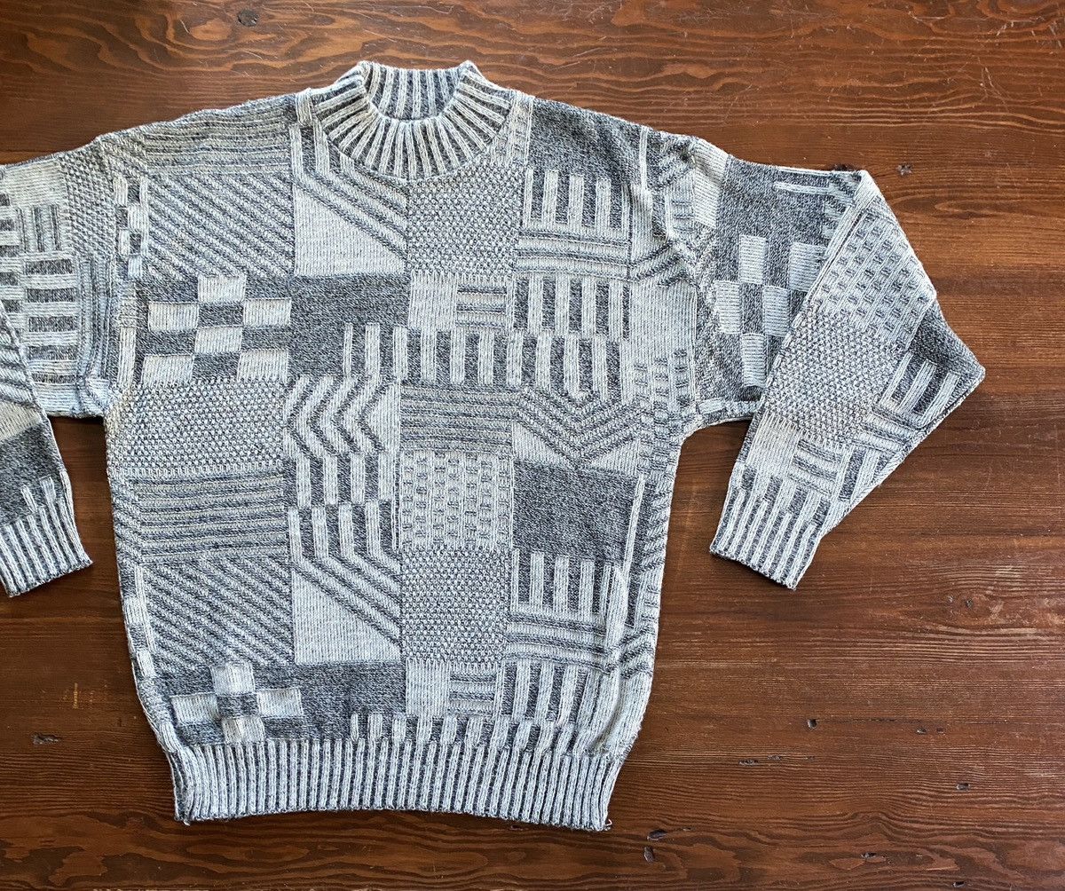 Le TIGRE Vintage 80’s Le Tigre Gray Geometric Blocks Knit Sweater Size US XL / EU 56 / 4 - 1 Thumbnail