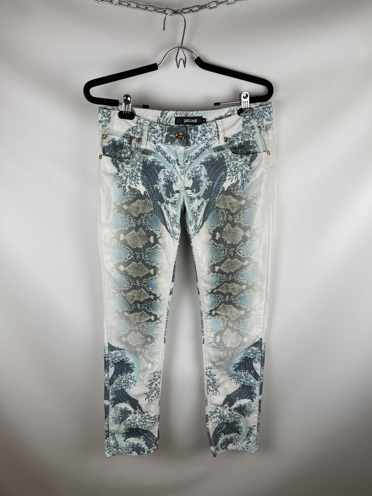 image of Just Cavalli Snake Ocean Overprint Pattern Logo Casual Pant in Blue, Men's (Size 30)