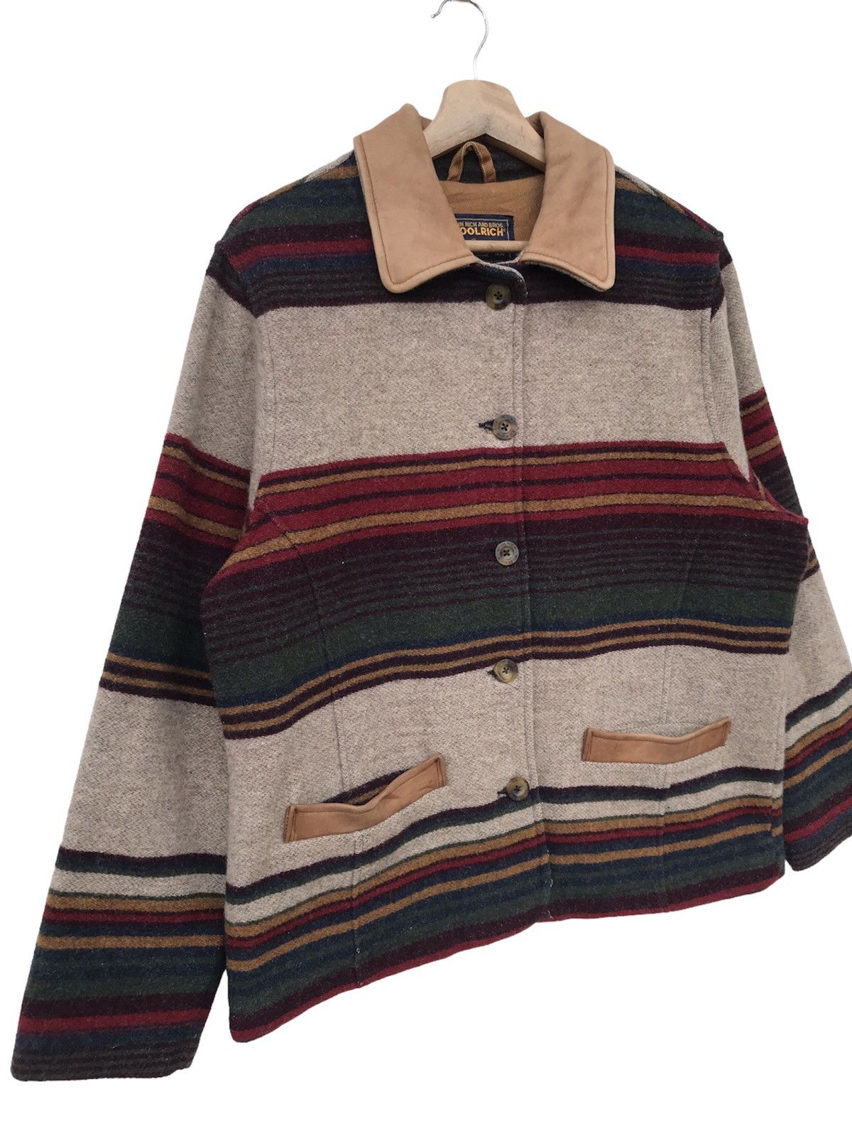 Woolrich Woolen Mills Woolrich John Rich & Bros Striped Wool Jacket Leather Trim Size US M / EU 48-50 / 2 - 4 Thumbnail