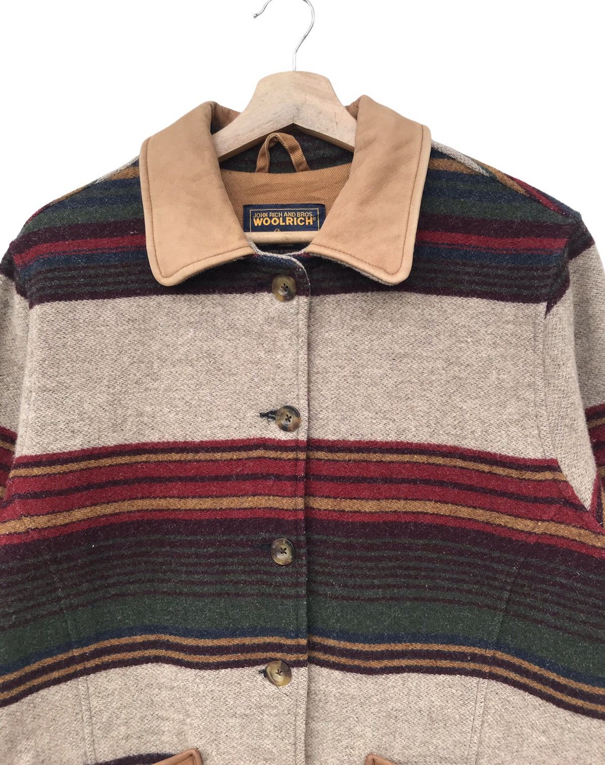 Woolrich Woolen Mills Woolrich John Rich & Bros Striped Wool Jacket Leather Trim Size US M / EU 48-50 / 2 - 6 Thumbnail