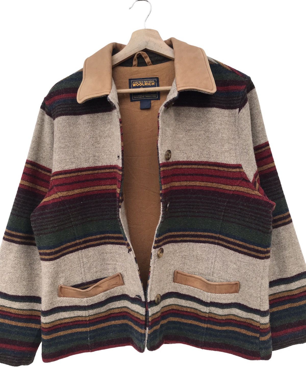 Woolrich Woolen Mills Woolrich John Rich & Bros Striped Wool Jacket Leather Trim Size US M / EU 48-50 / 2 - 8 Thumbnail