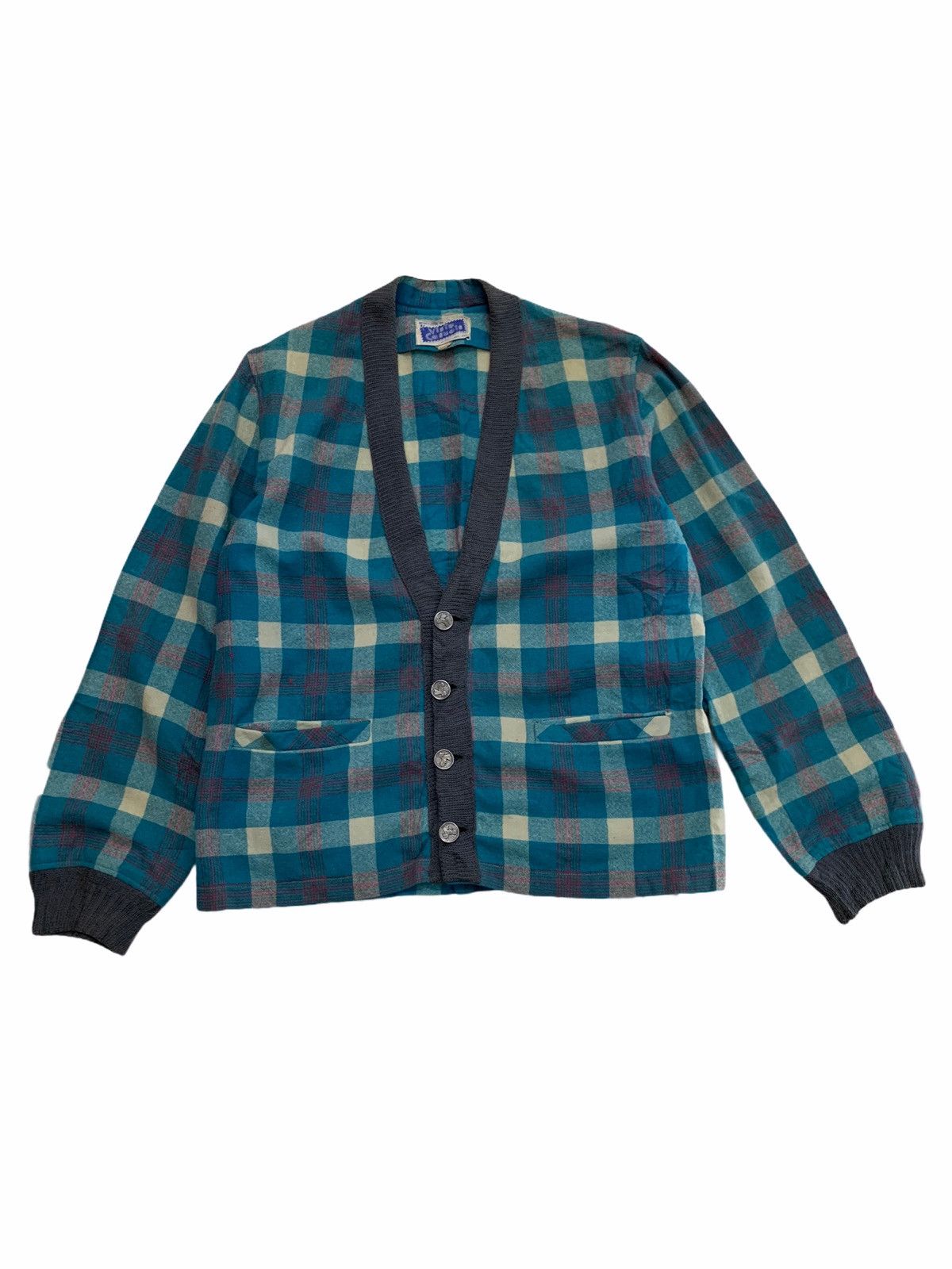 Aran Isles Knitwear Vintage 70s Wool Cardigan Checkered Bule Size US M / EU 48-50 / 2 - 1 Thumbnail