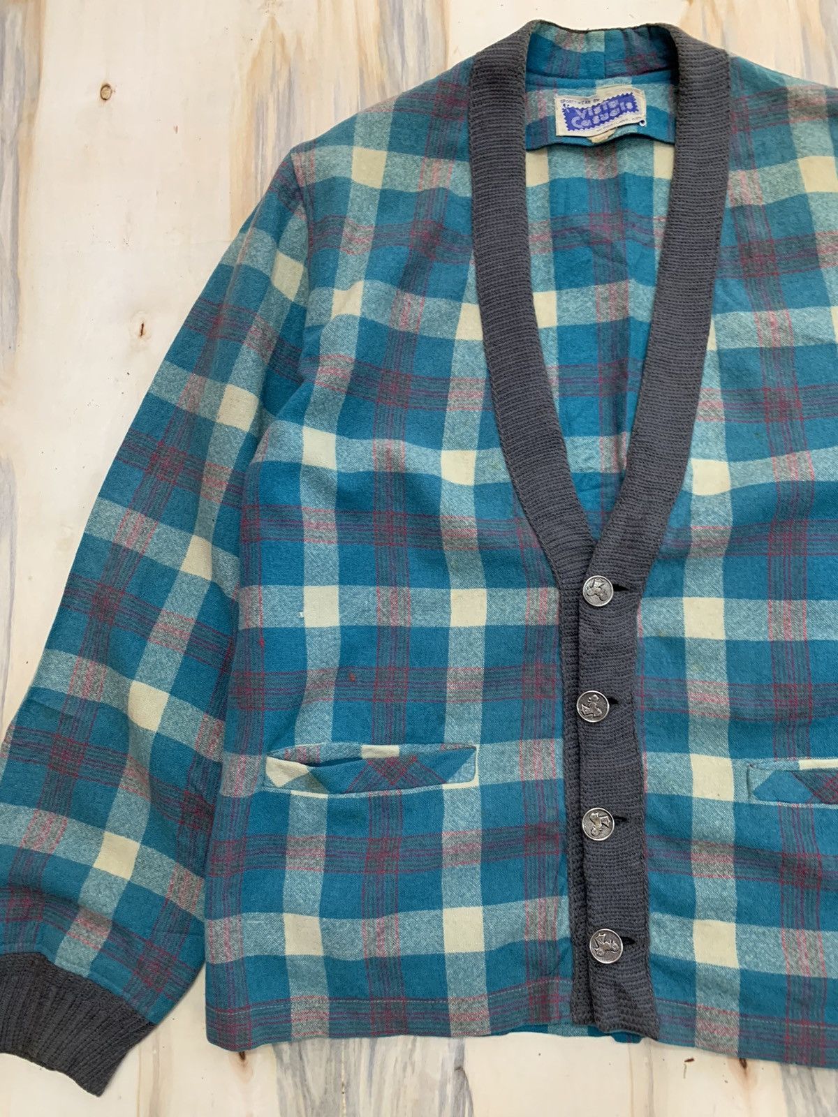 Aran Isles Knitwear Vintage 70s Wool Cardigan Checkered Bule Size US M / EU 48-50 / 2 - 2 Thumbnail