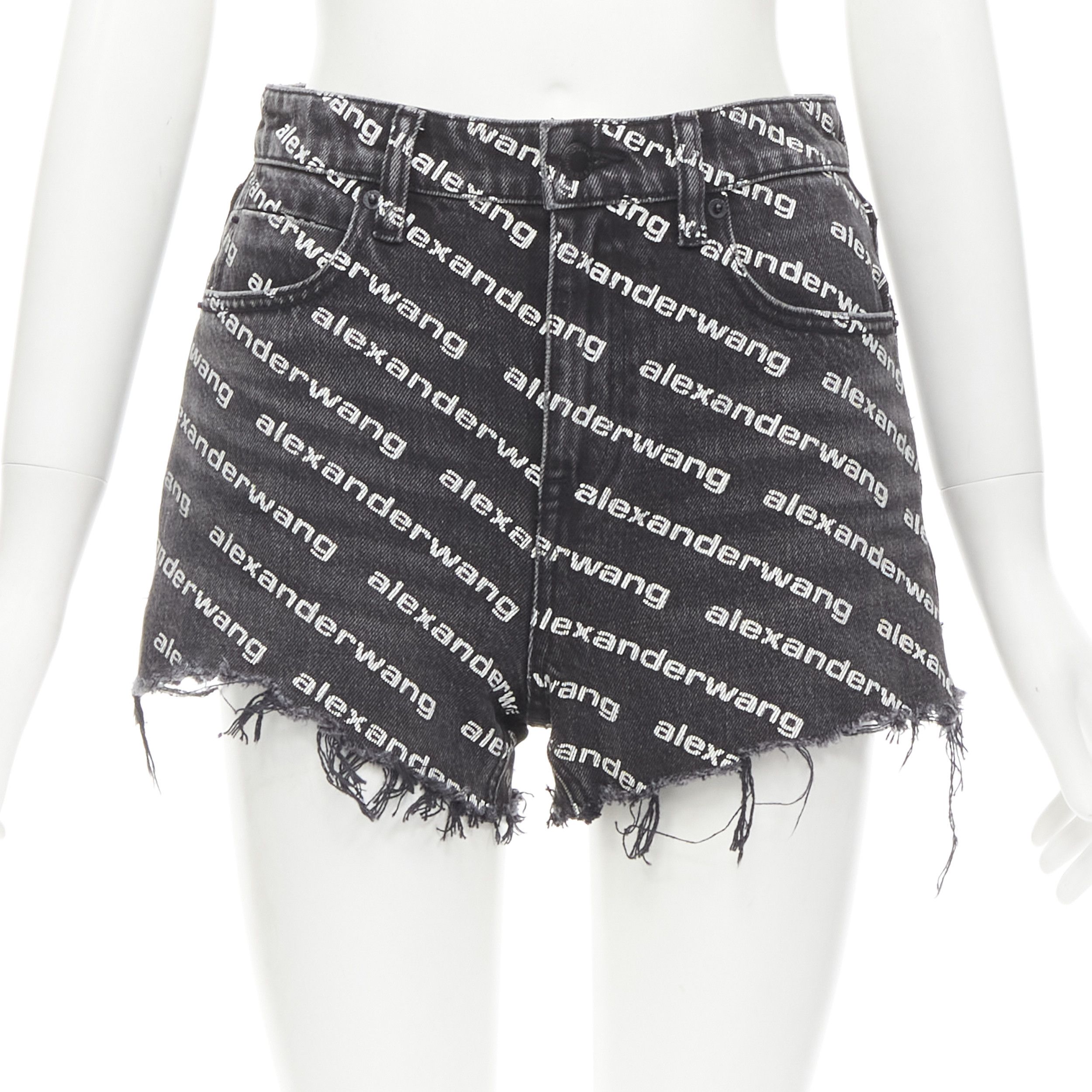 image of Alexander Wang Bite High Rise Black Logo Print Cut Off Denim Shorts 24", Women's
