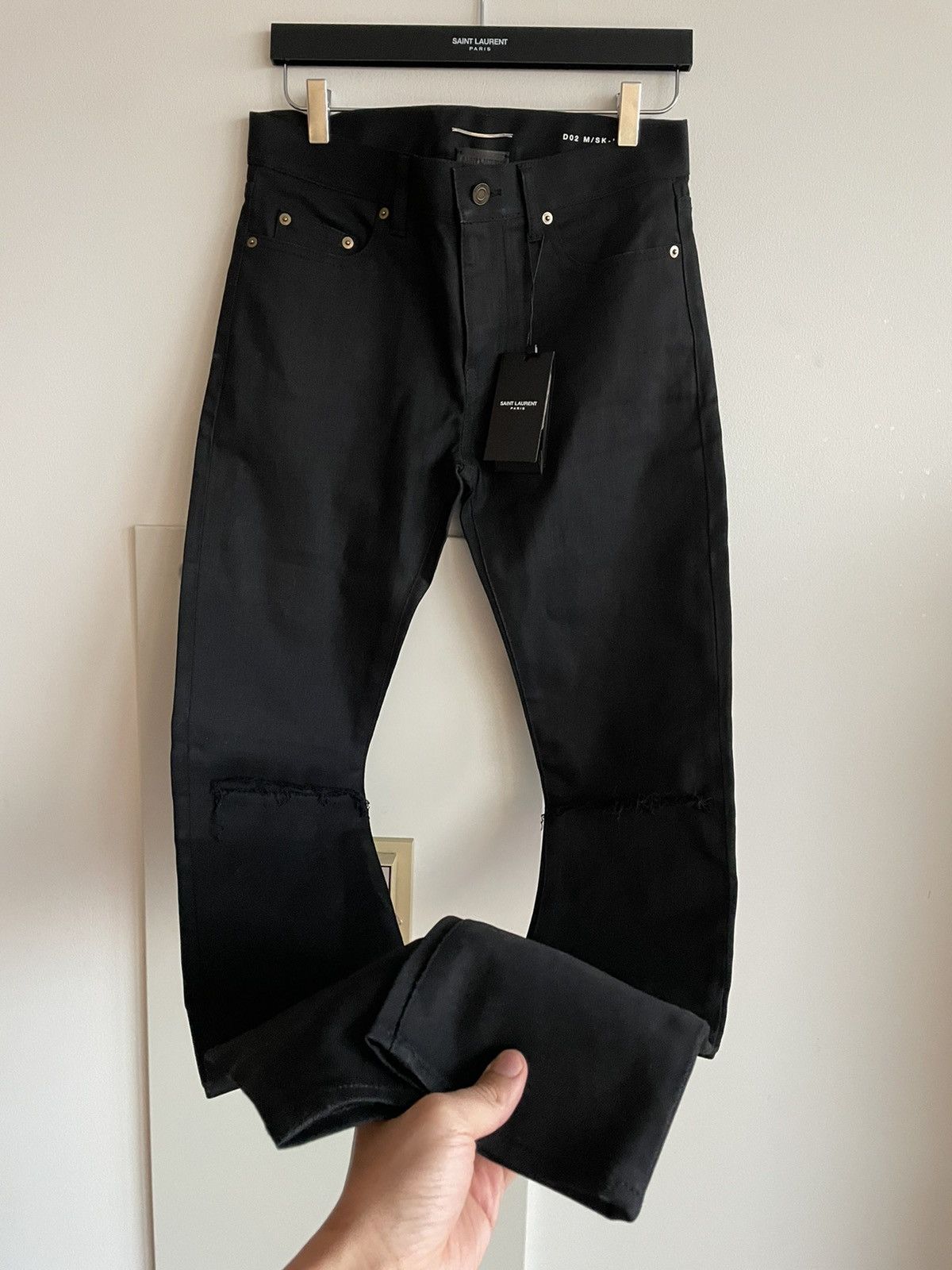 image of Hedi Slimane x Saint Laurent Paris Super Runway Hedi D02 Trash Ripped Distressed Denim Jeans in Bla