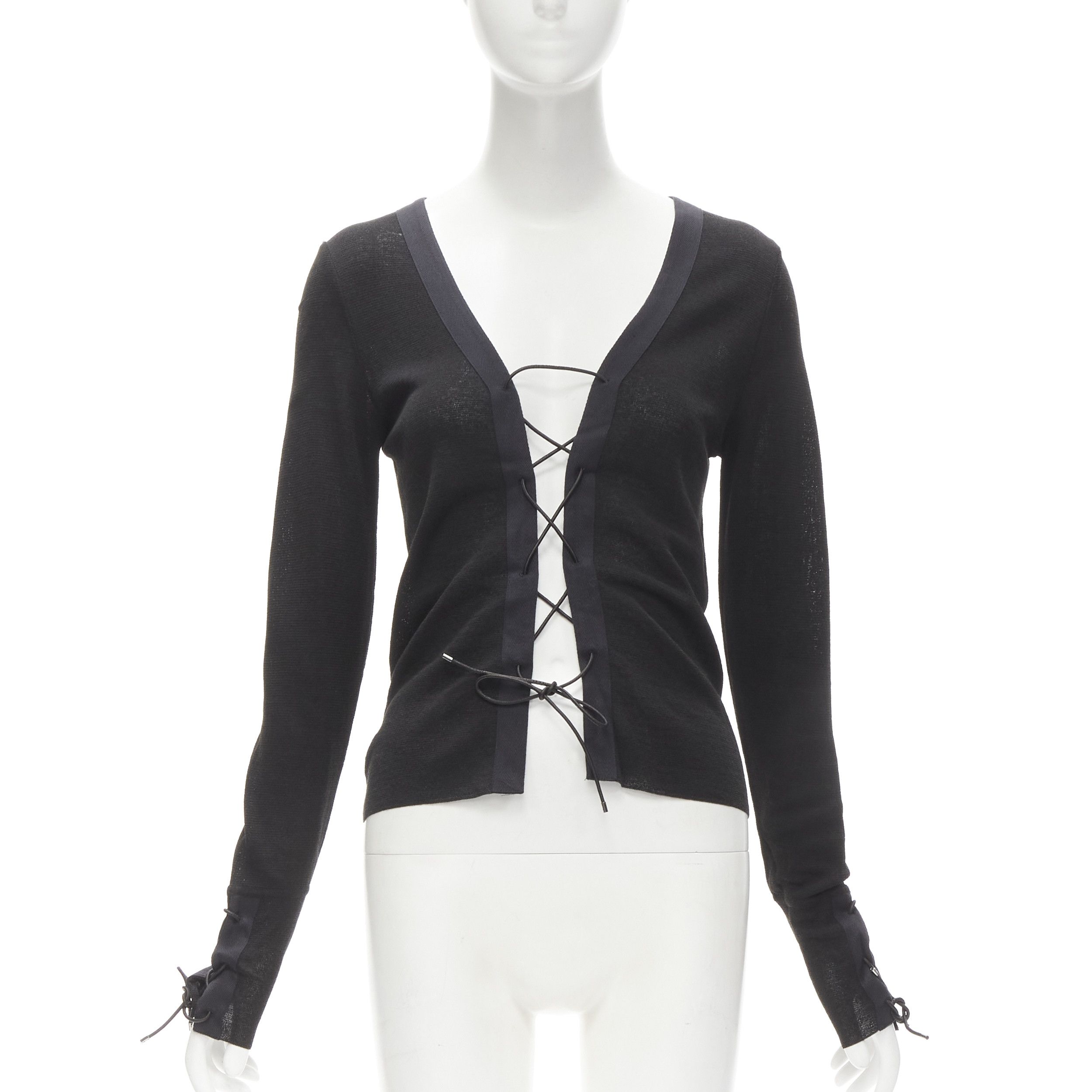 image of Gucci Tom Ford Vintage Black Leather Cord Lace Up Sweater Xs, Women's