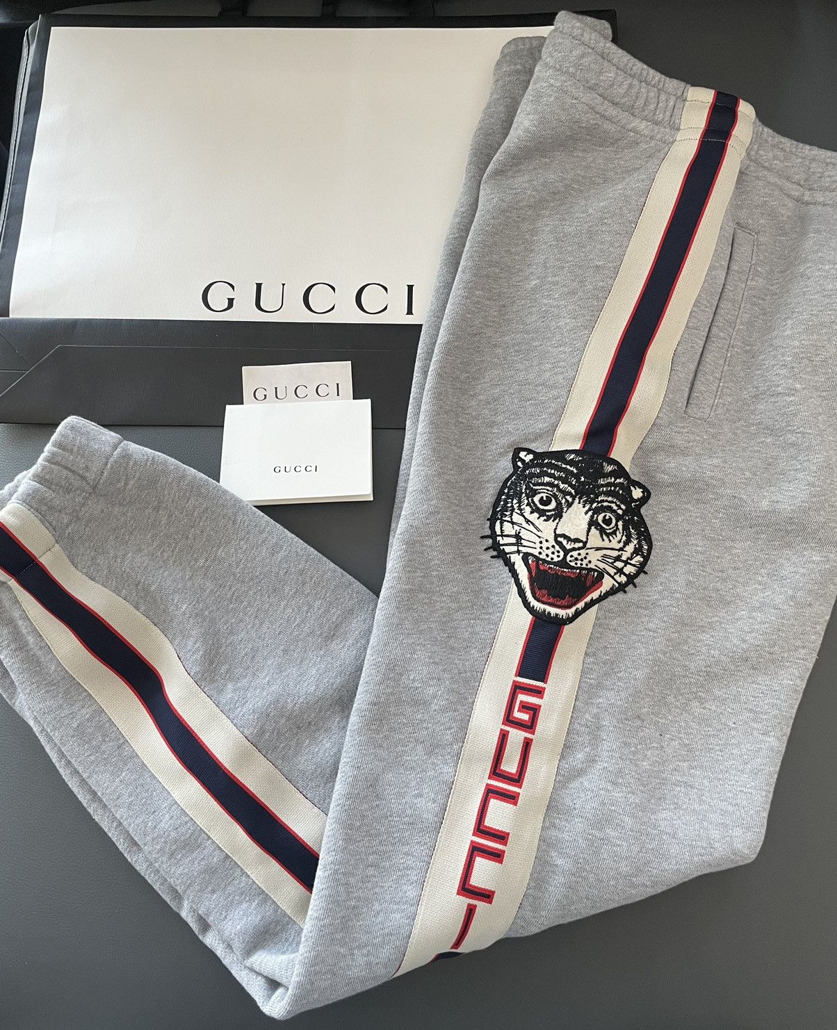 image of Super $2K+ Brandnew Runway Gucci Tiger Track Sweatpants in Grey, Men's (Size 34)